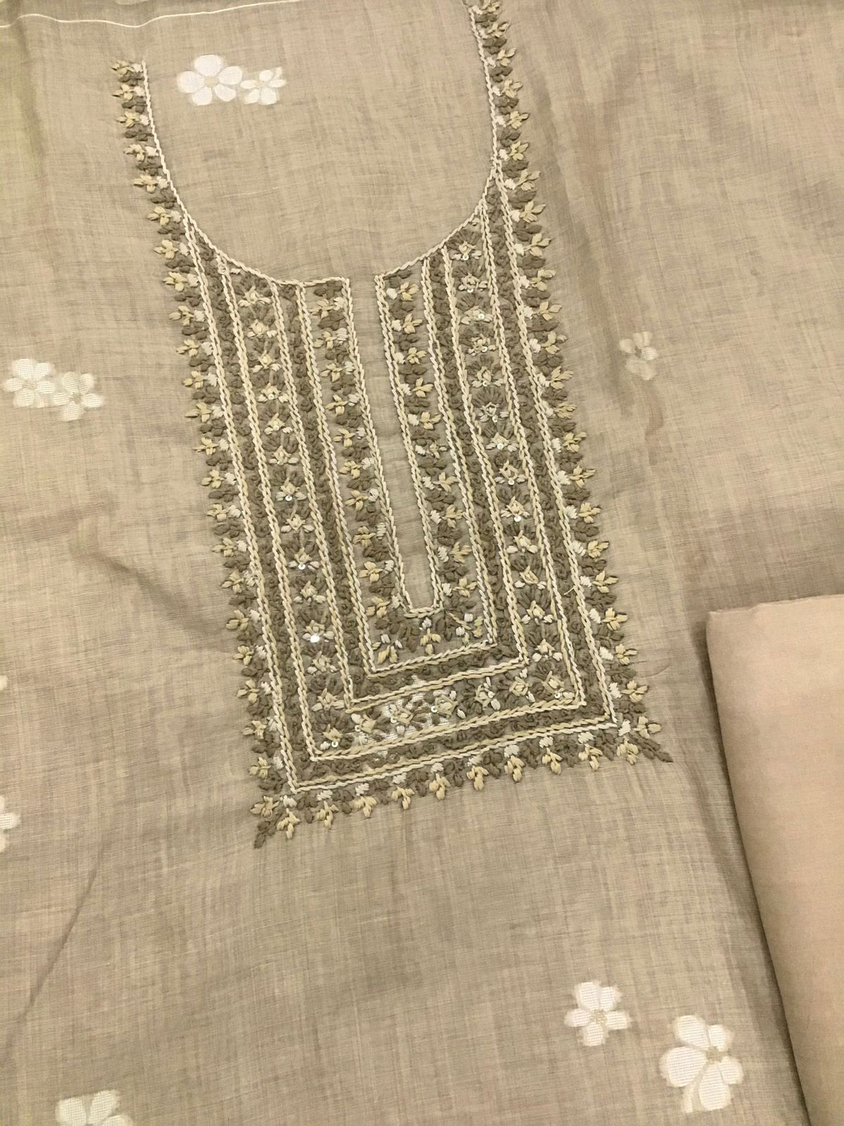 Soft Slub Chanderi Jamdani Weaved Embroidered Suit - Beige