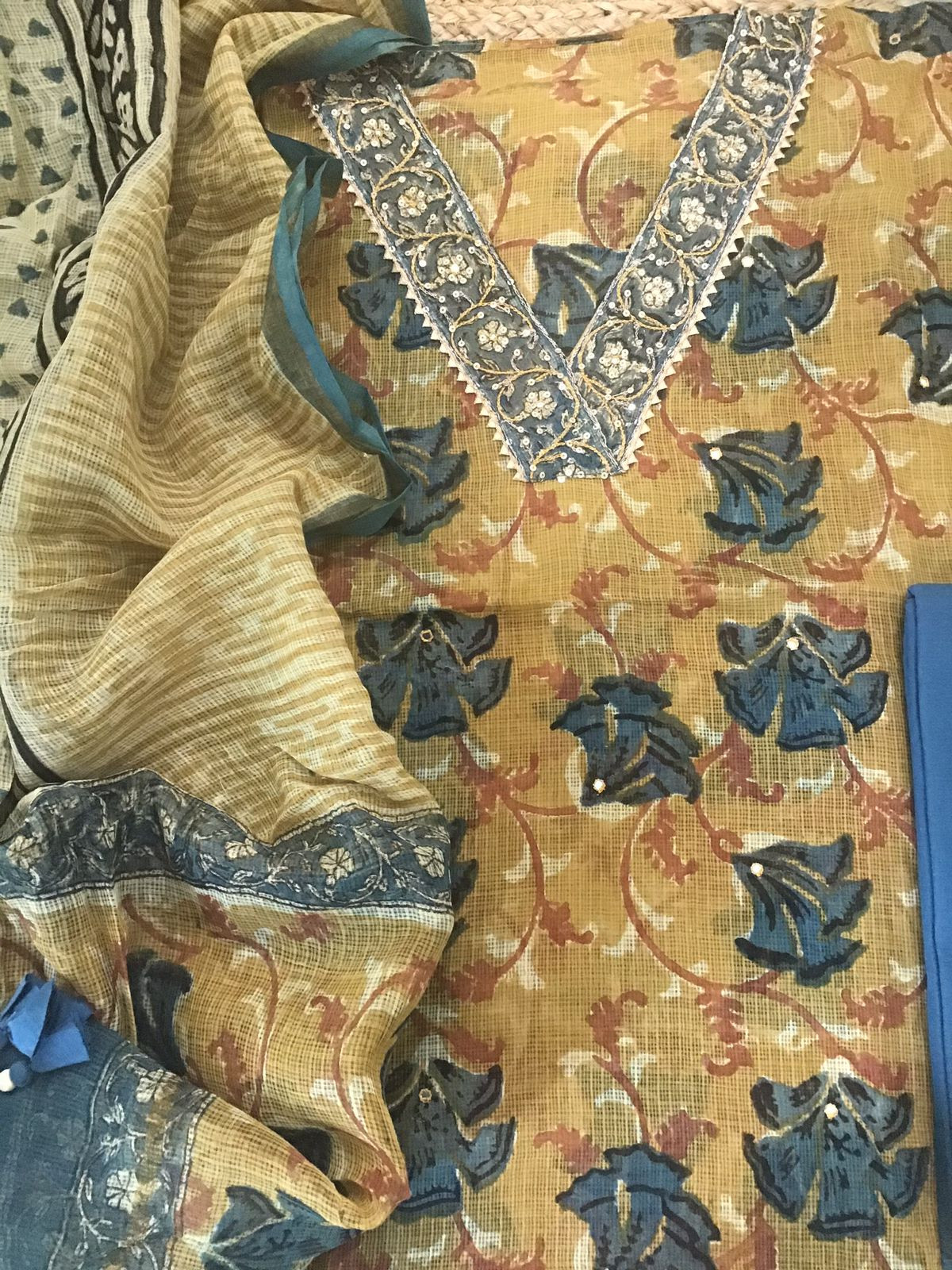 Pure Fine Kota Cotton Printed Embroidered Suit - Yellow