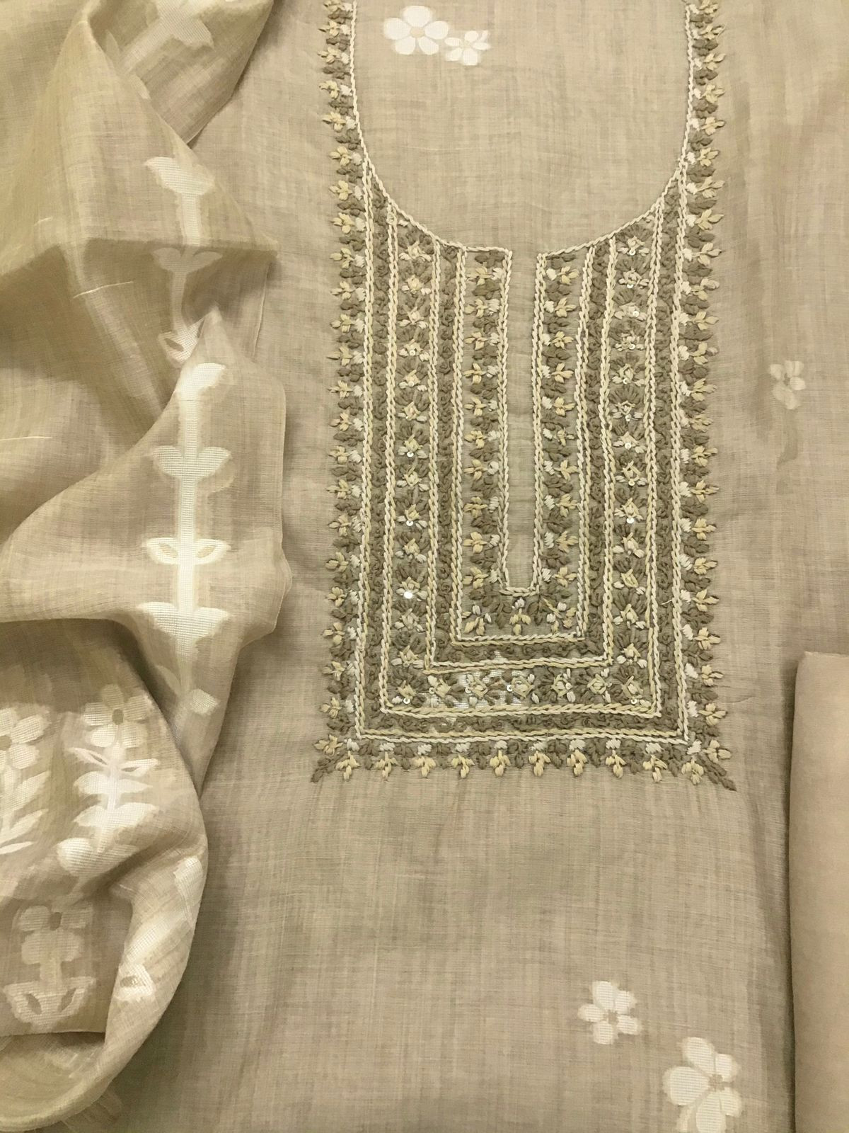 Soft Slub Chanderi Jamdani Weaved Embroidered Suit - Beige