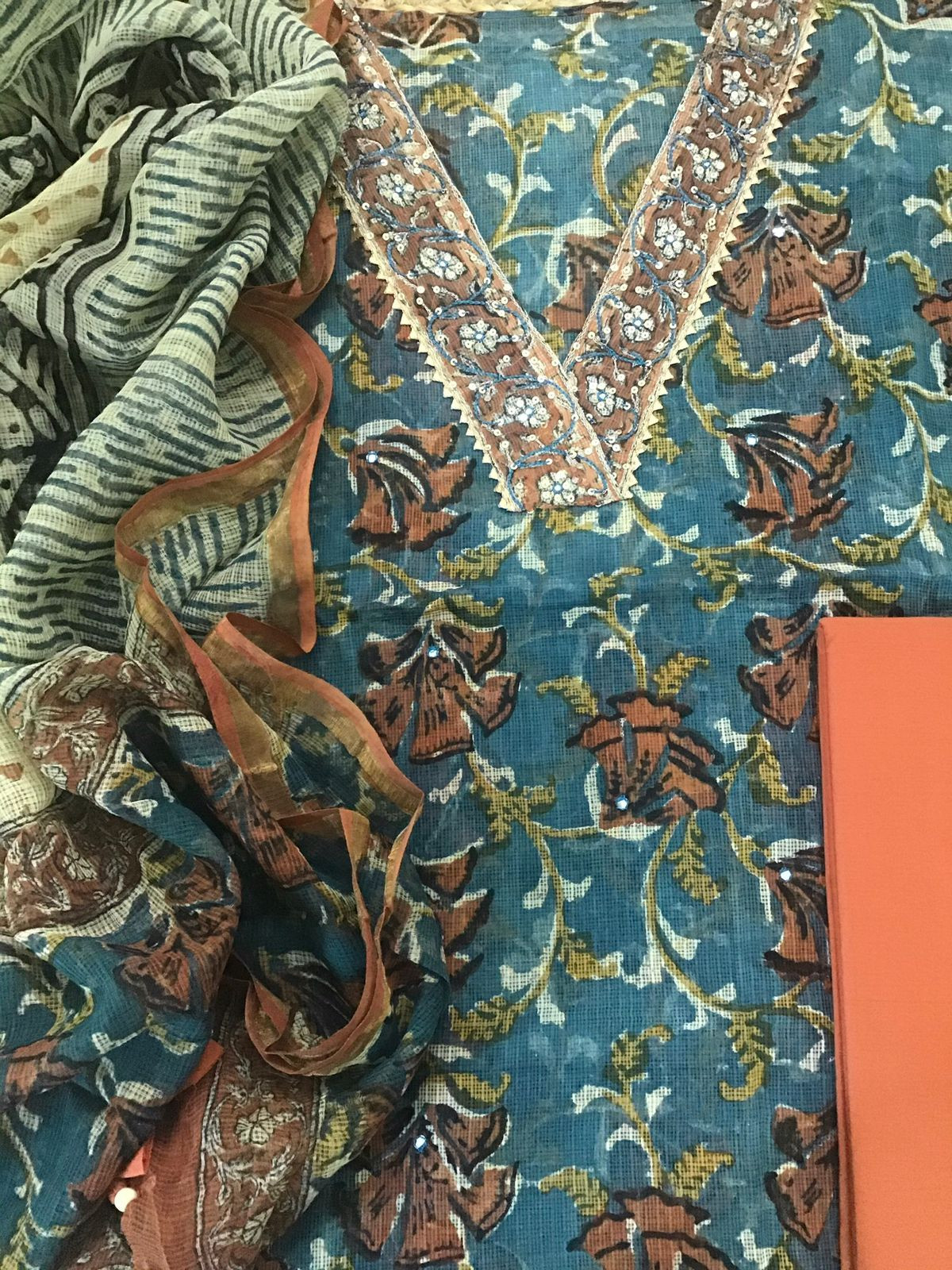 Pure Fine Kota Cotton Printed Embroidered Suit - Blue