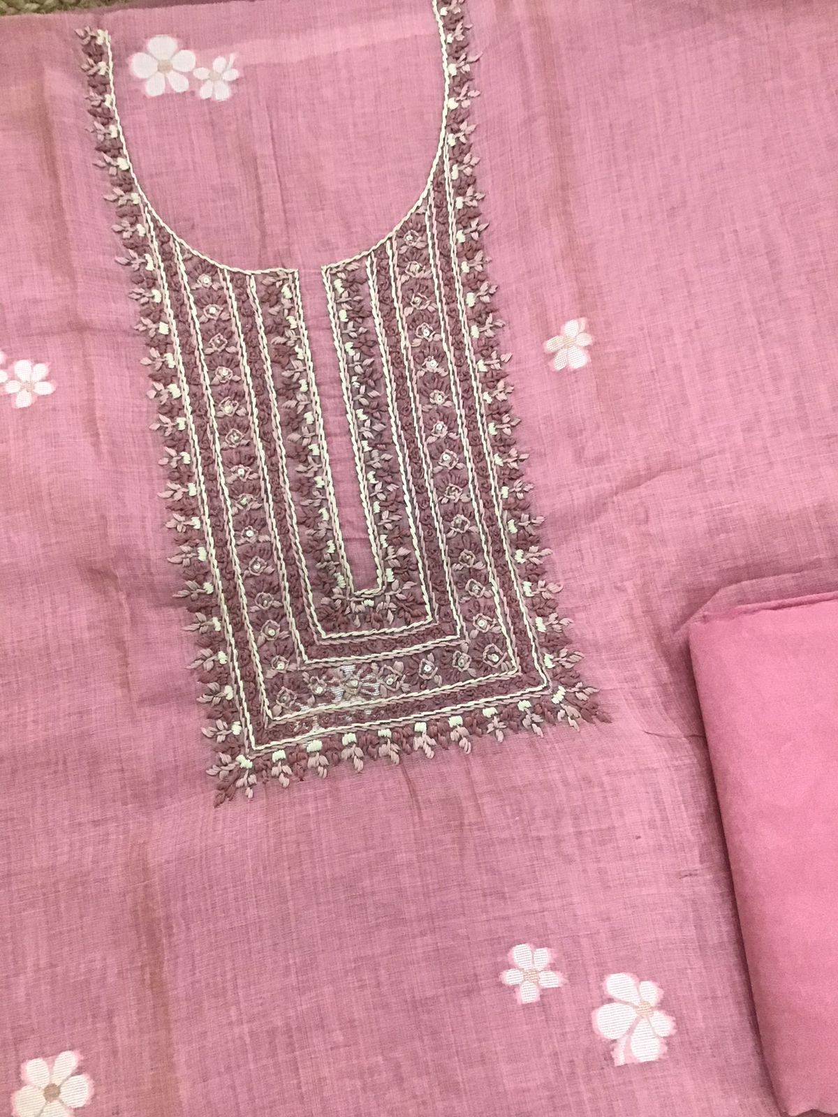 Soft Slub Chanderi Jamdani Weaved Embroidered Suit - Pink