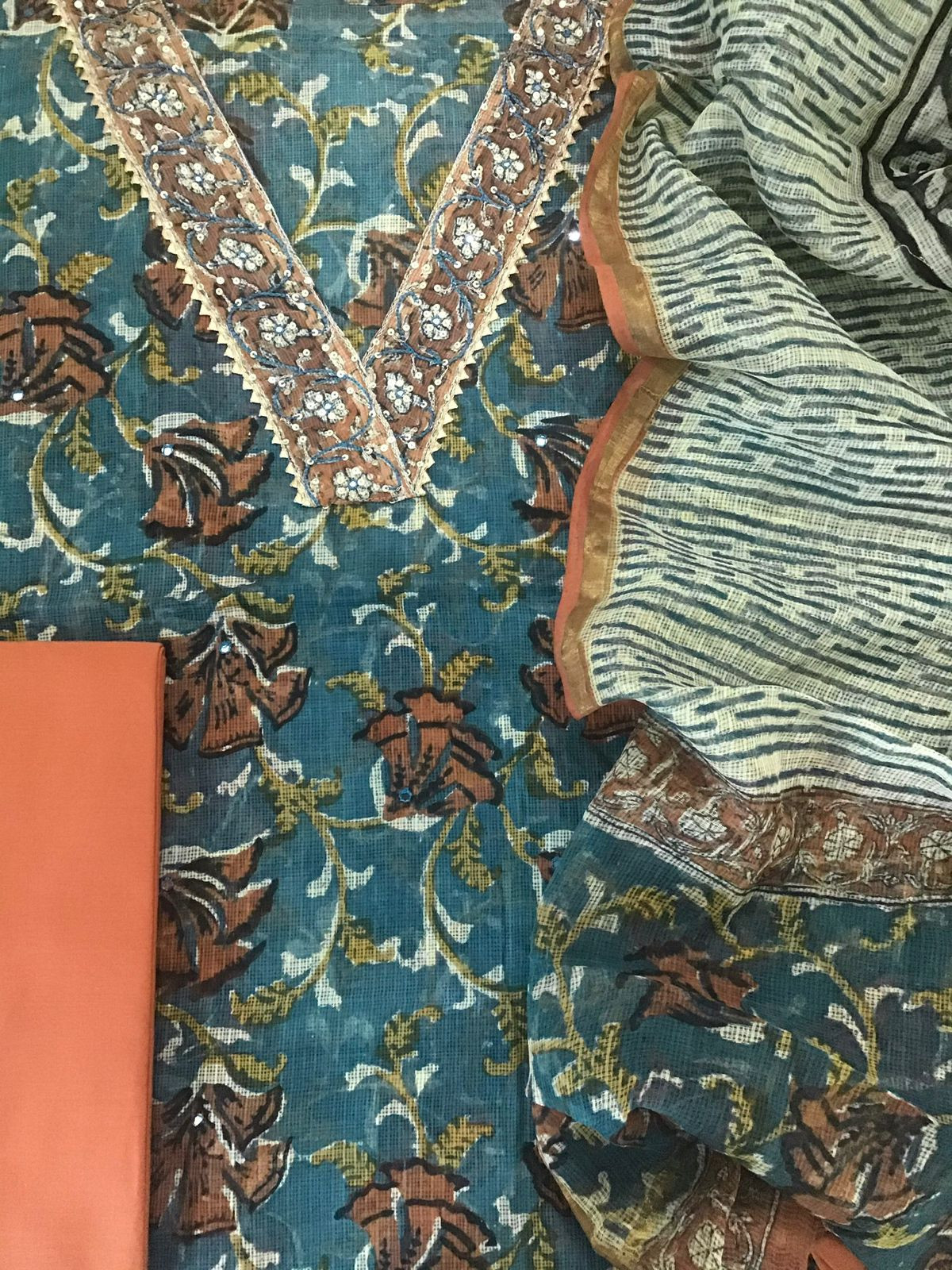 Pure Fine Kota Cotton Printed Embroidered Suit - Blue