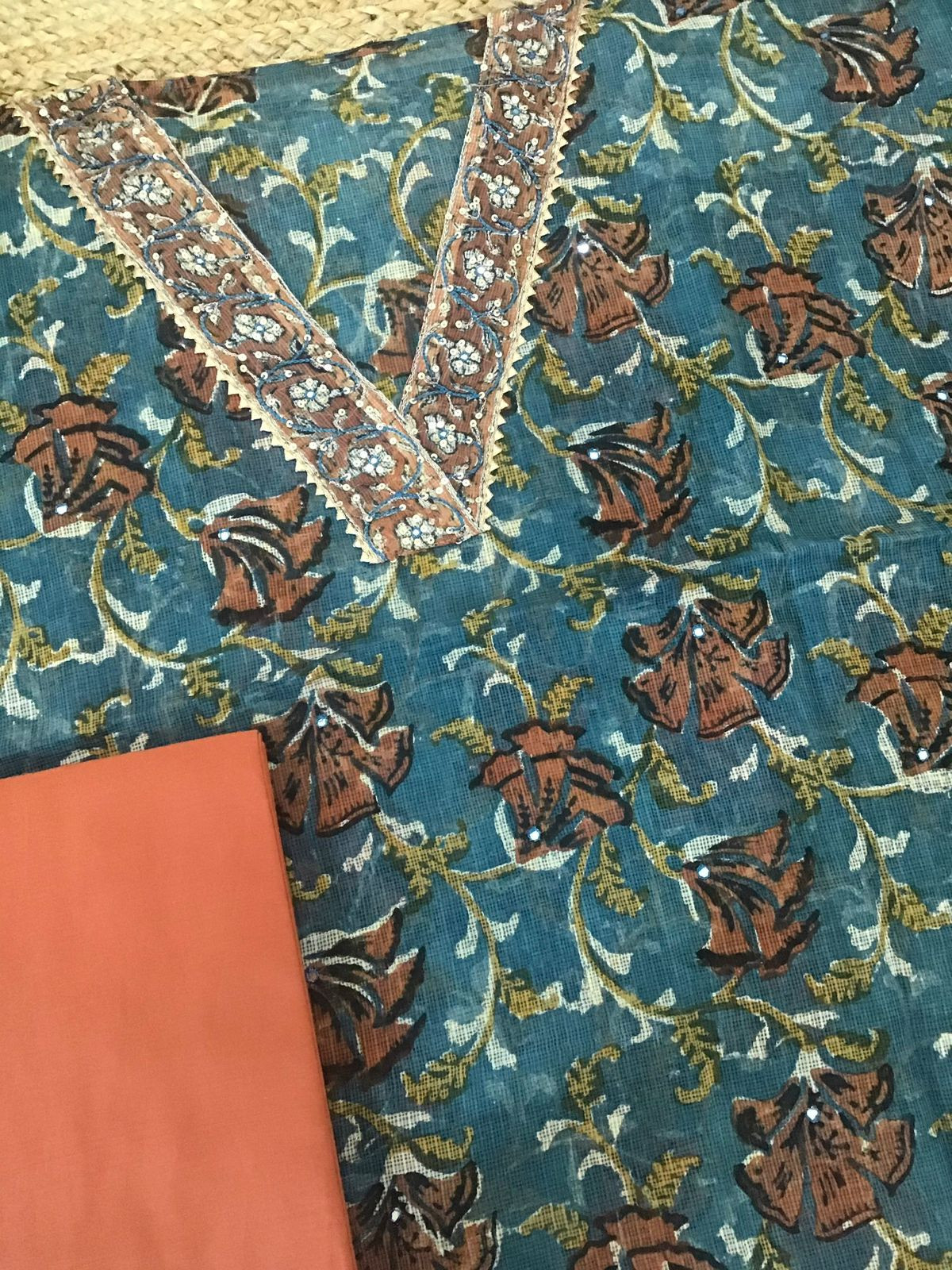 Pure Fine Kota Cotton Printed Embroidered Suit - Blue