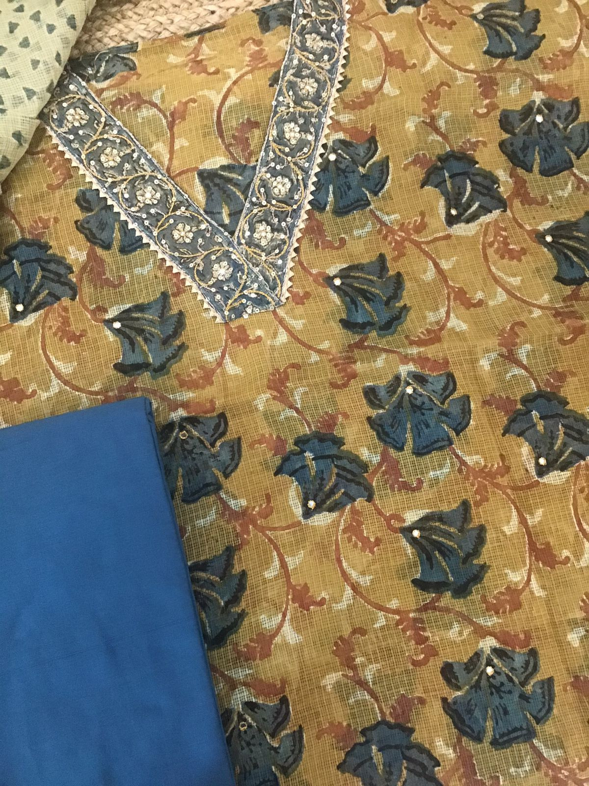 Pure Fine Kota Cotton Printed Embroidered Suit - Yellow