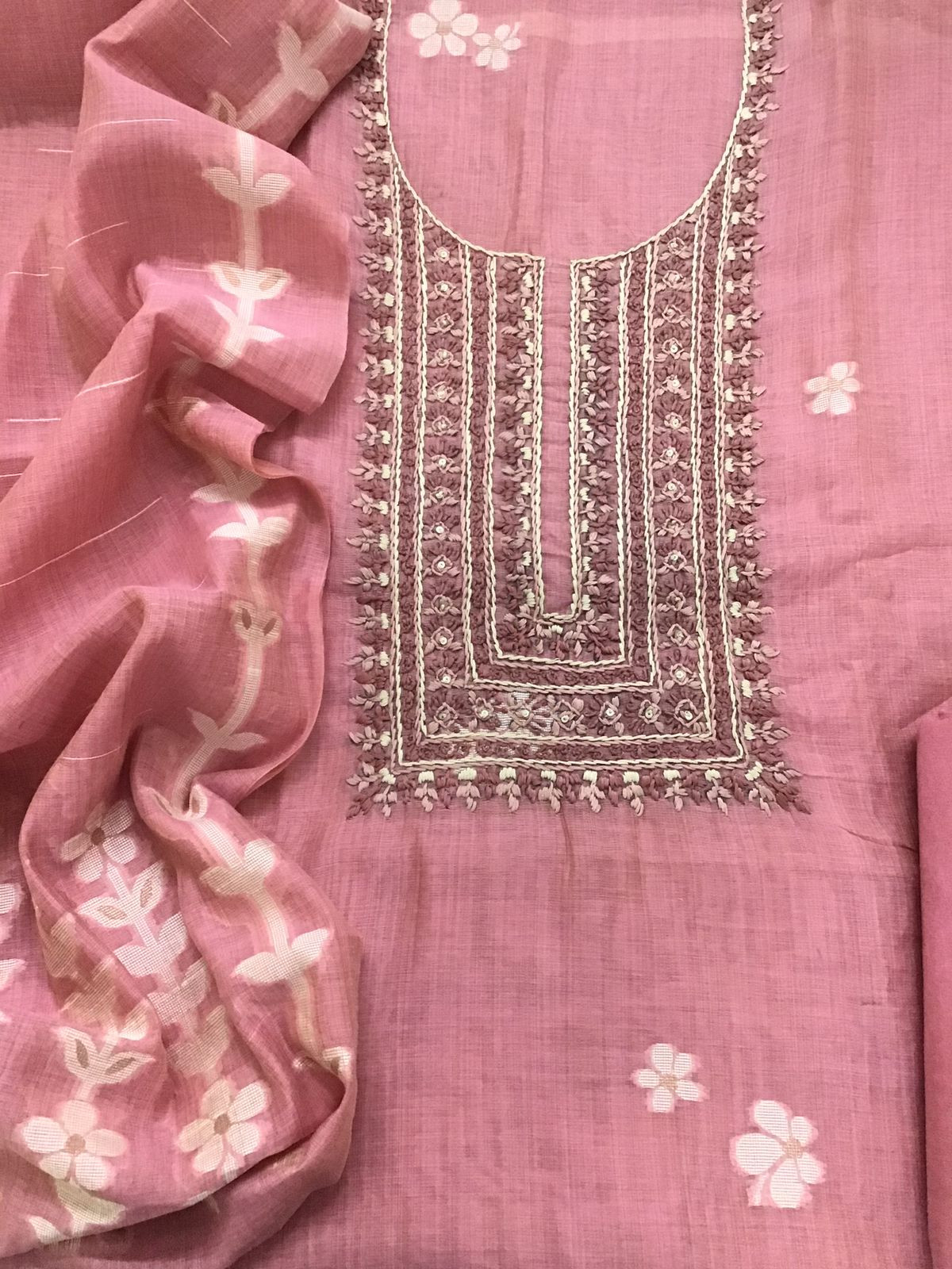 Soft Slub Chanderi Jamdani Weaved Embroidered Suit - Pink