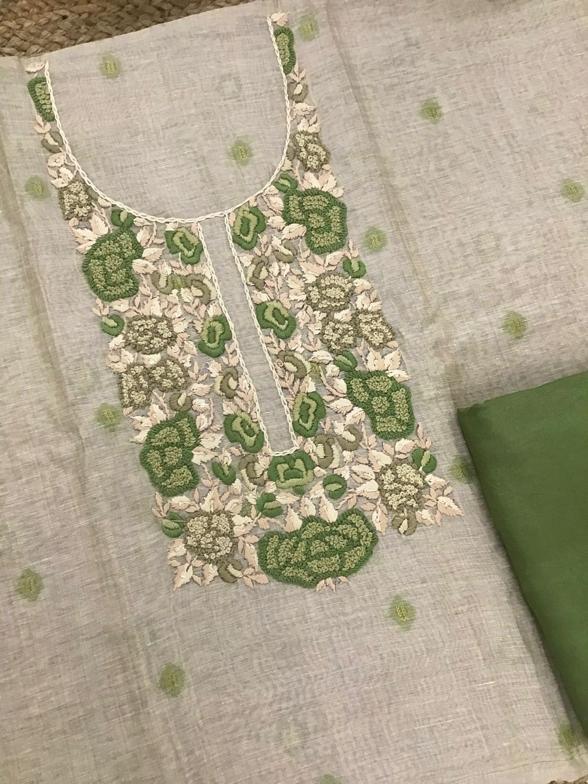 Soft Slub Chanderi Jamdani Weaved Embroidered Suit - Beige