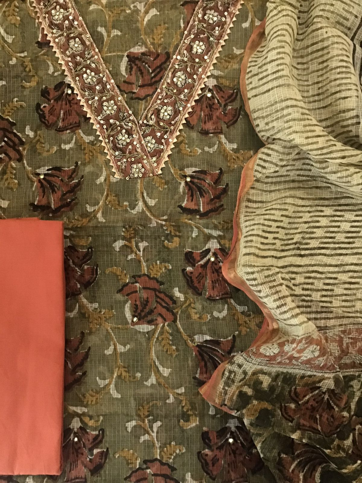 Pure Fine Kota Cotton Printed Embroidered Suit - Green