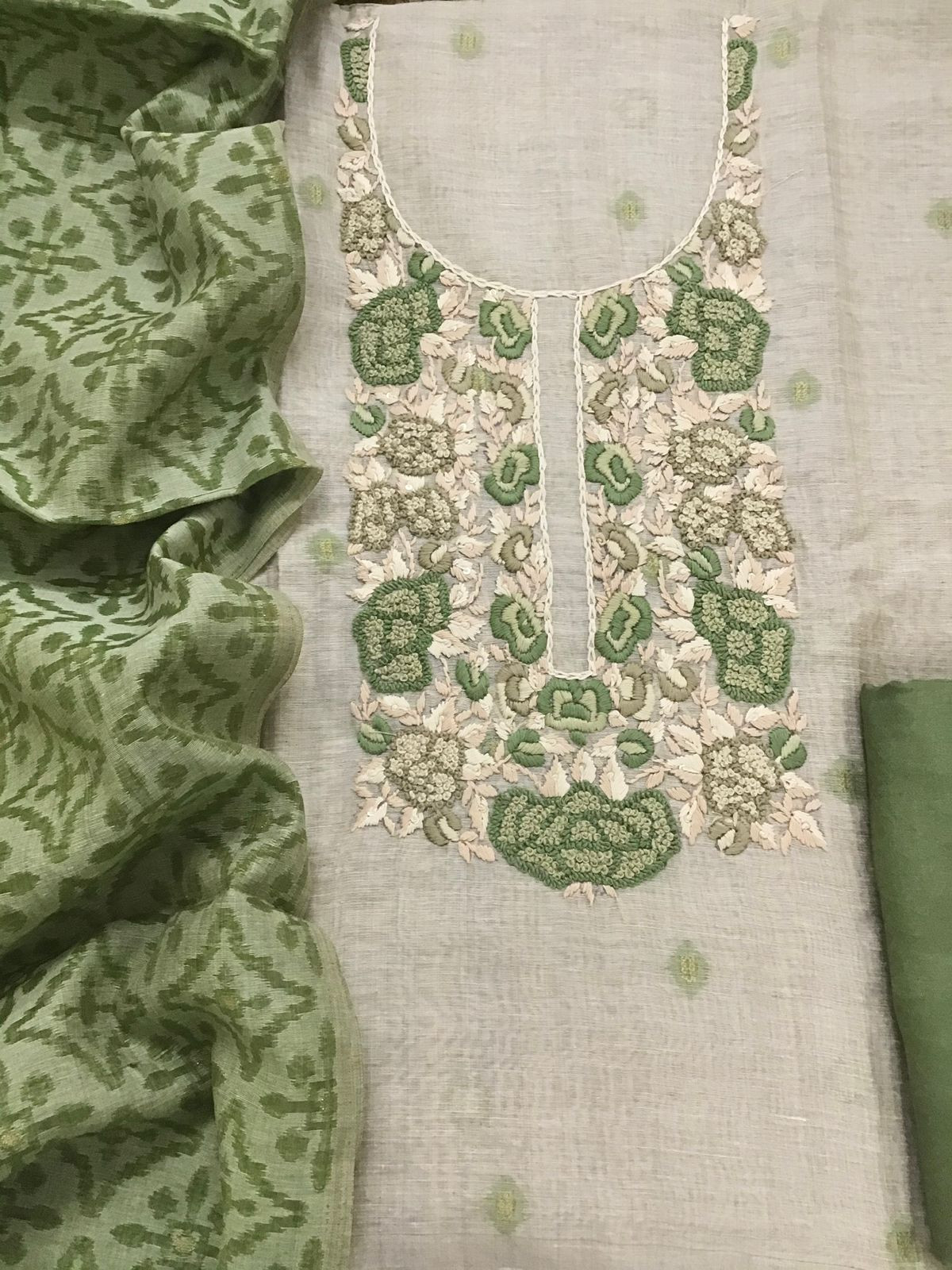 Soft Slub Chanderi Jamdani Weaved Embroidered Suit - Beige