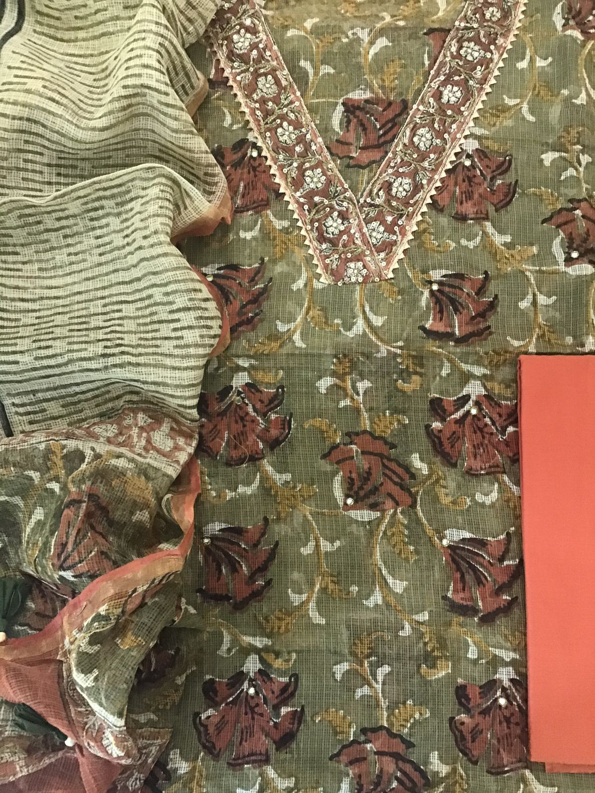 Pure Fine Kota Cotton Printed Embroidered Suit - Green