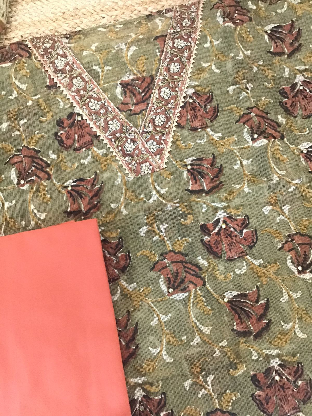 Pure Fine Kota Cotton Printed Embroidered Suit - Green