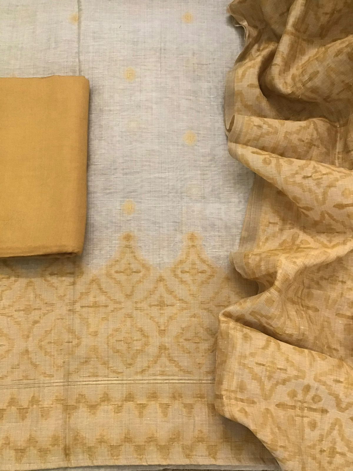 Soft Slub Chanderi Jamdani Weaved Embroidered Suit - Beige