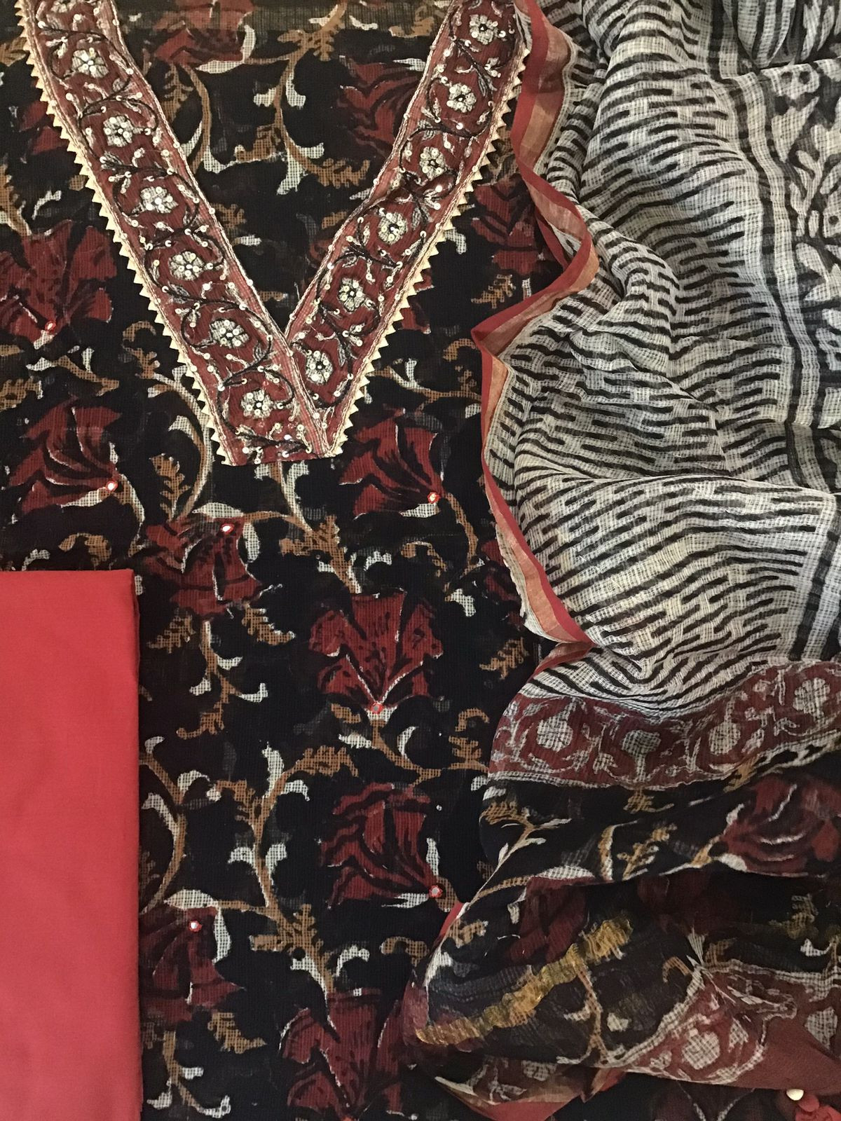 Pure Fine Kota Cotton Printed Embroidered Suit - Black