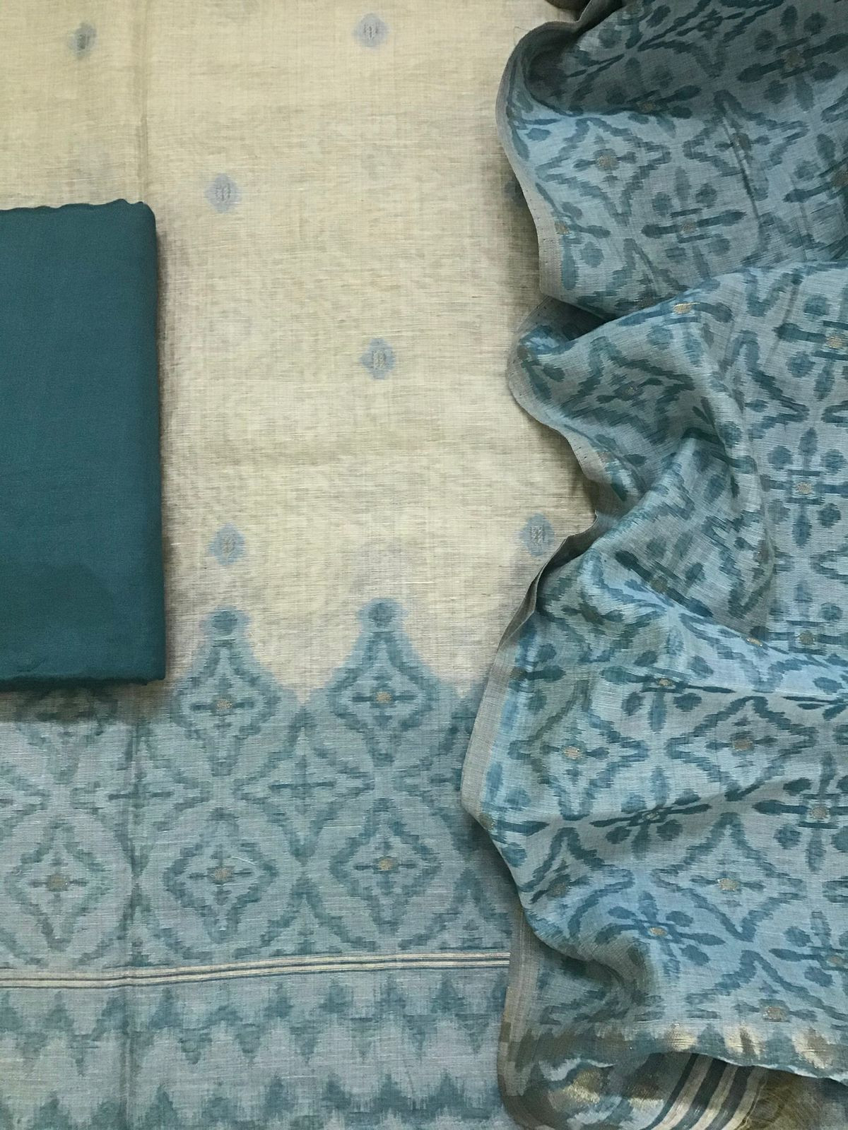 Soft Slub Chanderi Jamdani Weaved Embroidered Suit - Beige