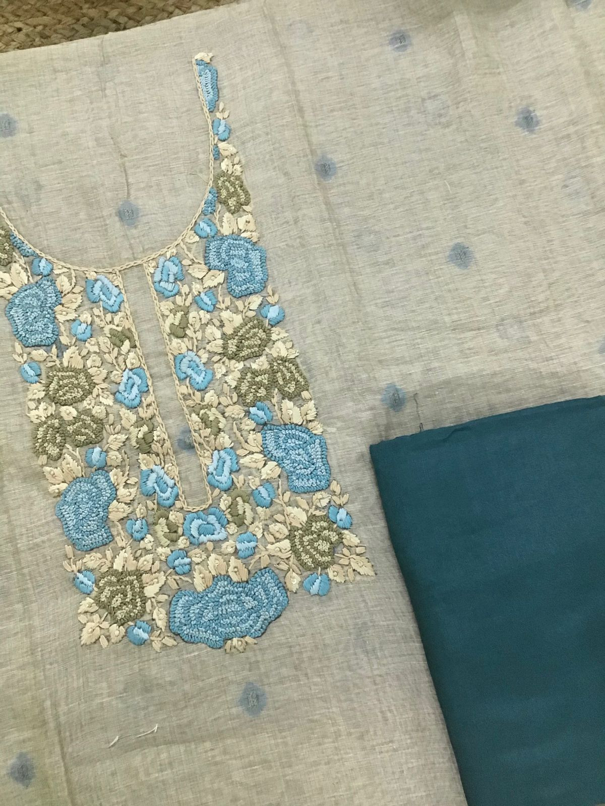 Soft Slub Chanderi Jamdani Weaved Embroidered Suit - Beige