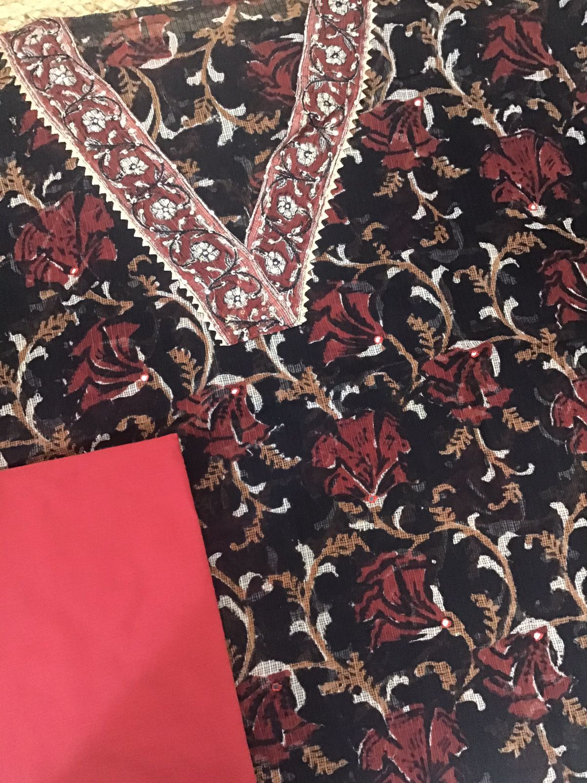 Pure Fine Kota Cotton Printed Embroidered Suit - Black