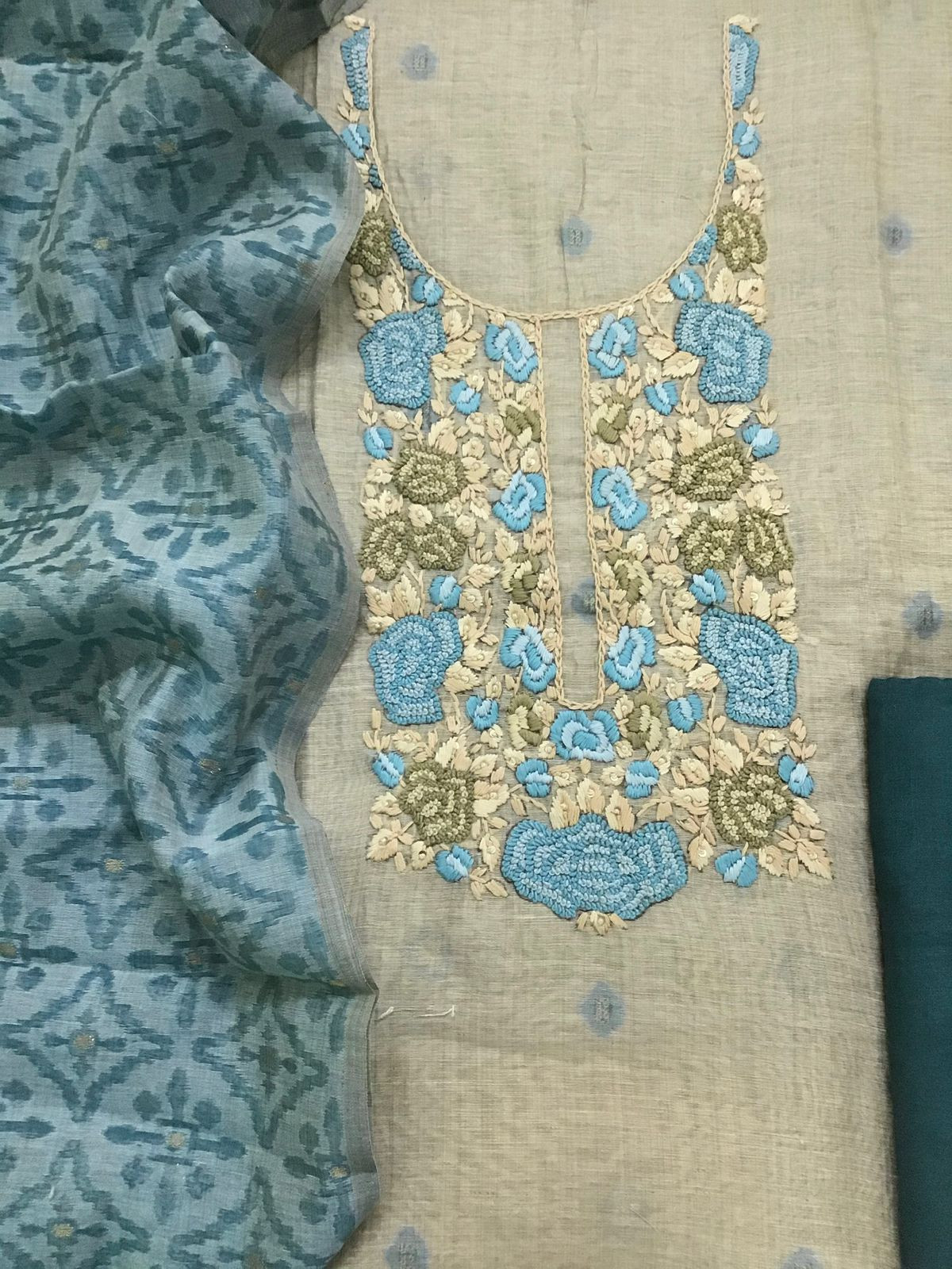 Soft Slub Chanderi Jamdani Weaved Embroidered Suit - Beige