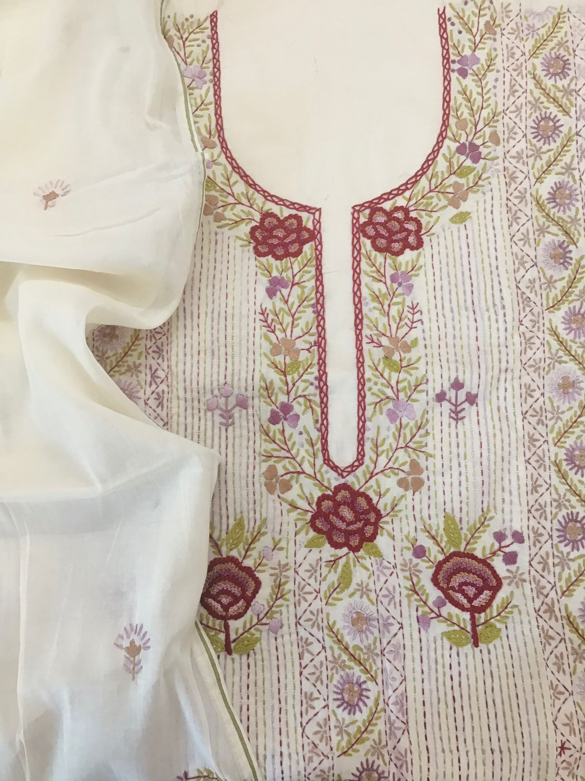 Pure Cotton Embroidered Suit - Offwhite