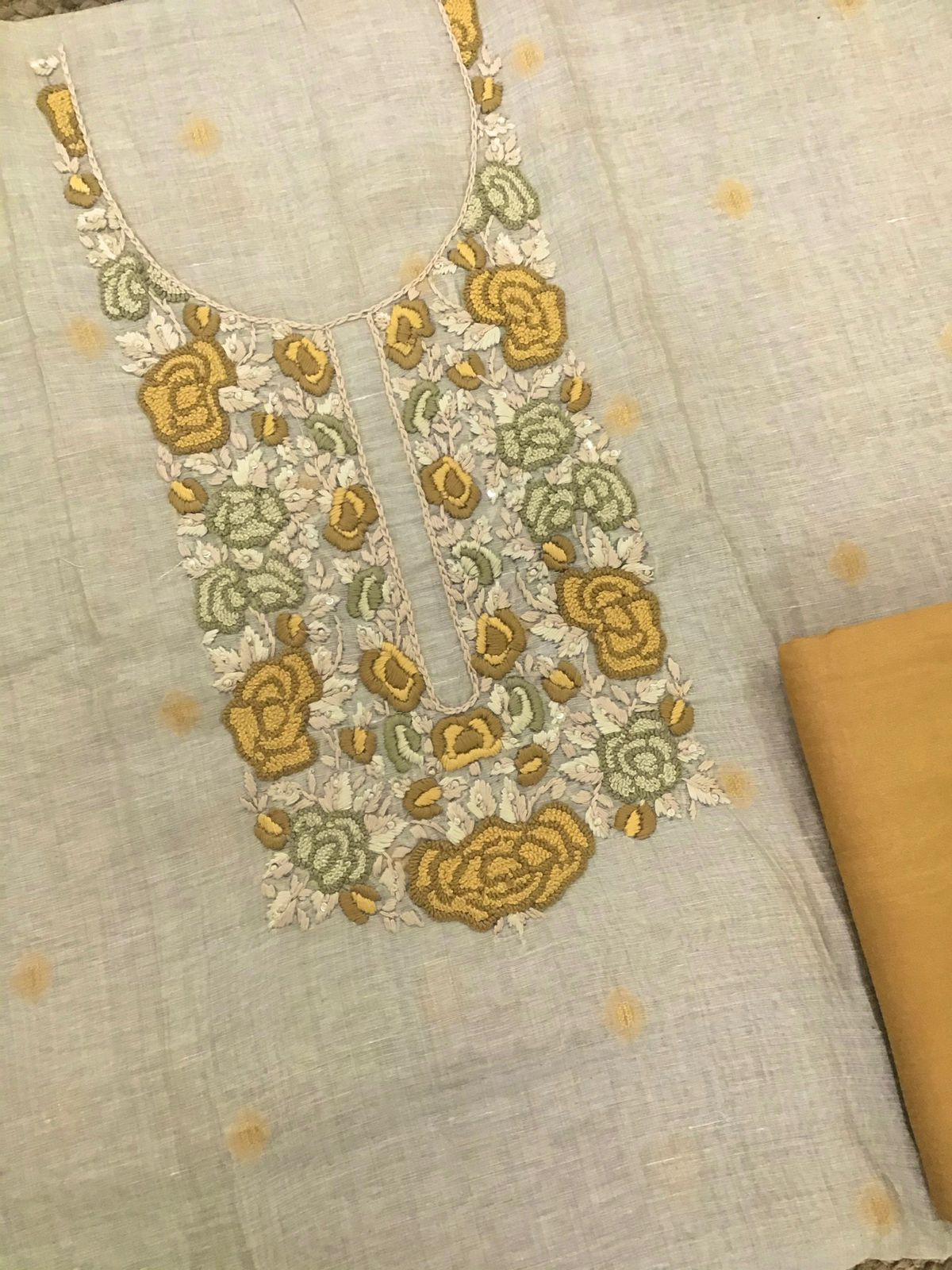 Soft Slub Chanderi Jamdani Weaved Embroidered Suit - Beige