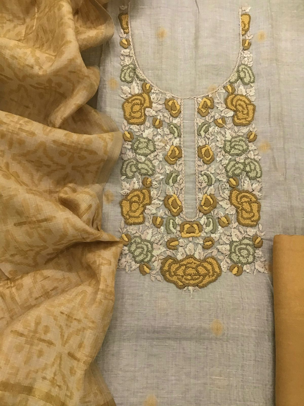 Soft Slub Chanderi Jamdani Weaved Embroidered Suit - Beige