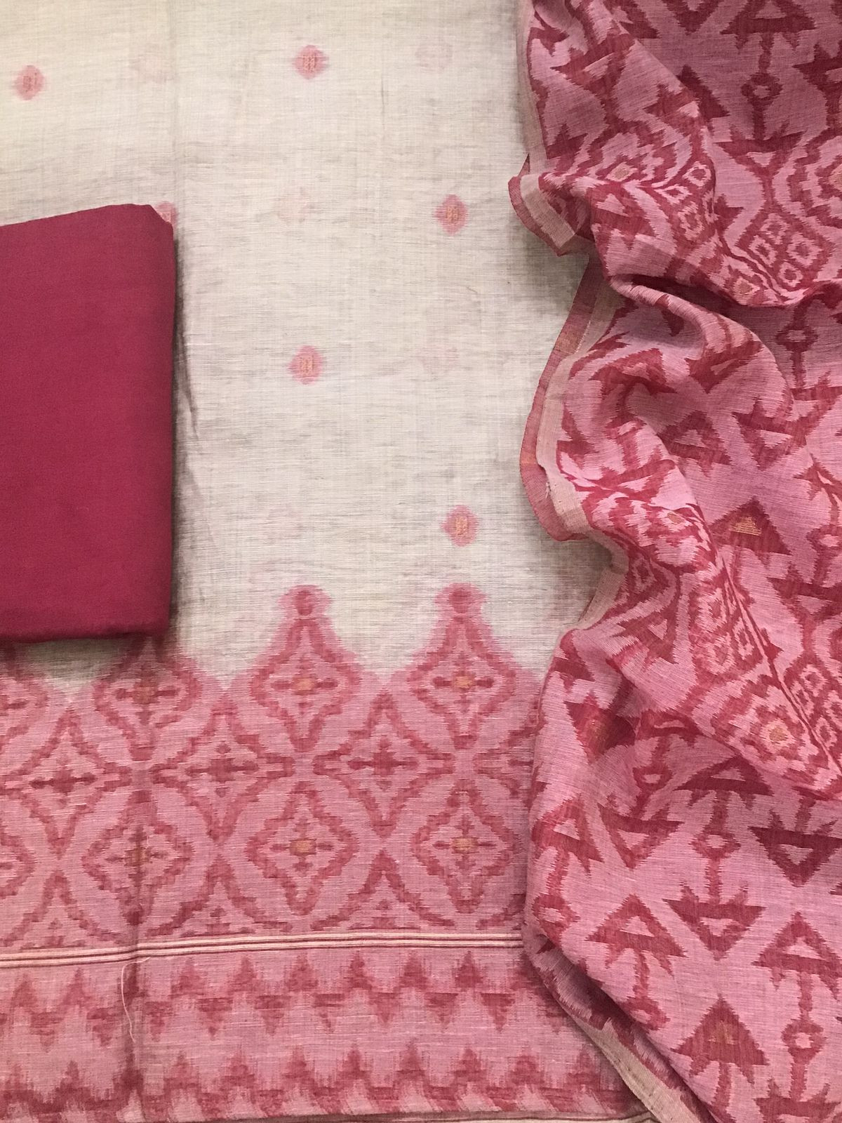 Soft Slub Chanderi Jamdani Weaved Embroidered Suit - Beige