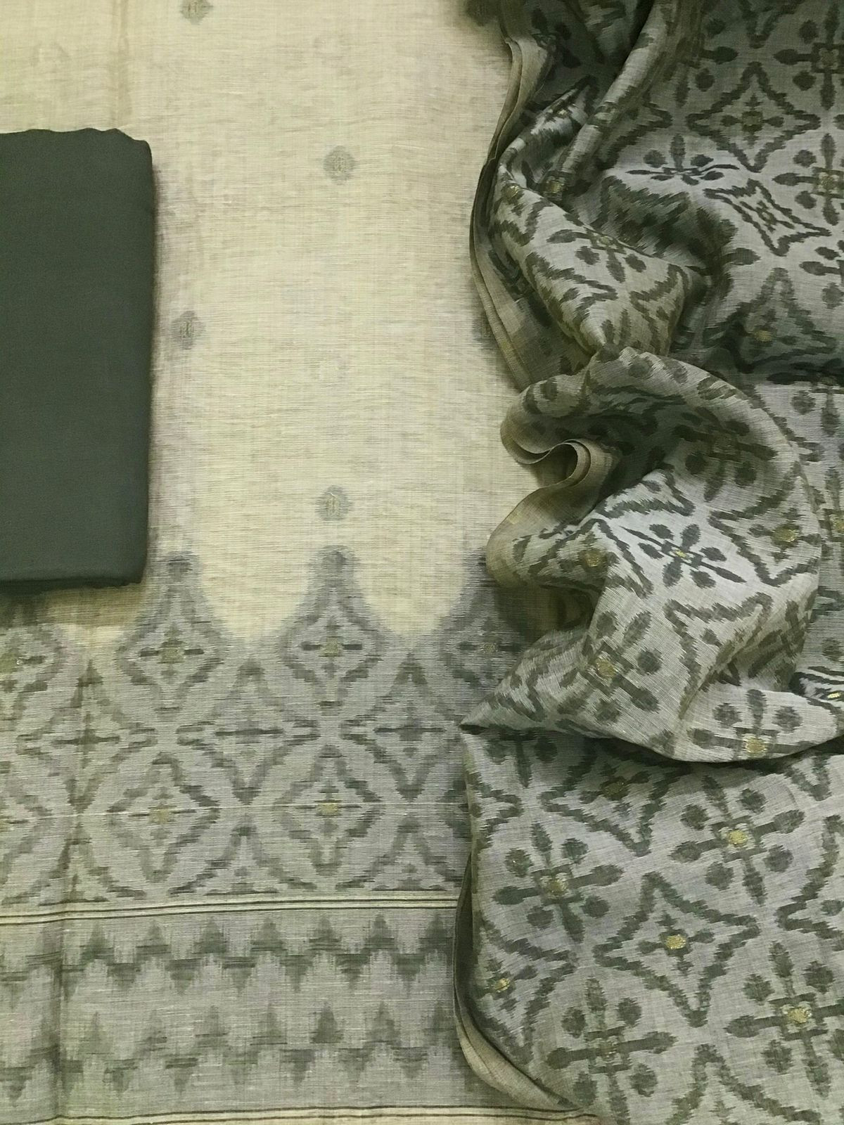 Soft Slub Chanderi Jamdani Weaved Embroidered Suit - Beige