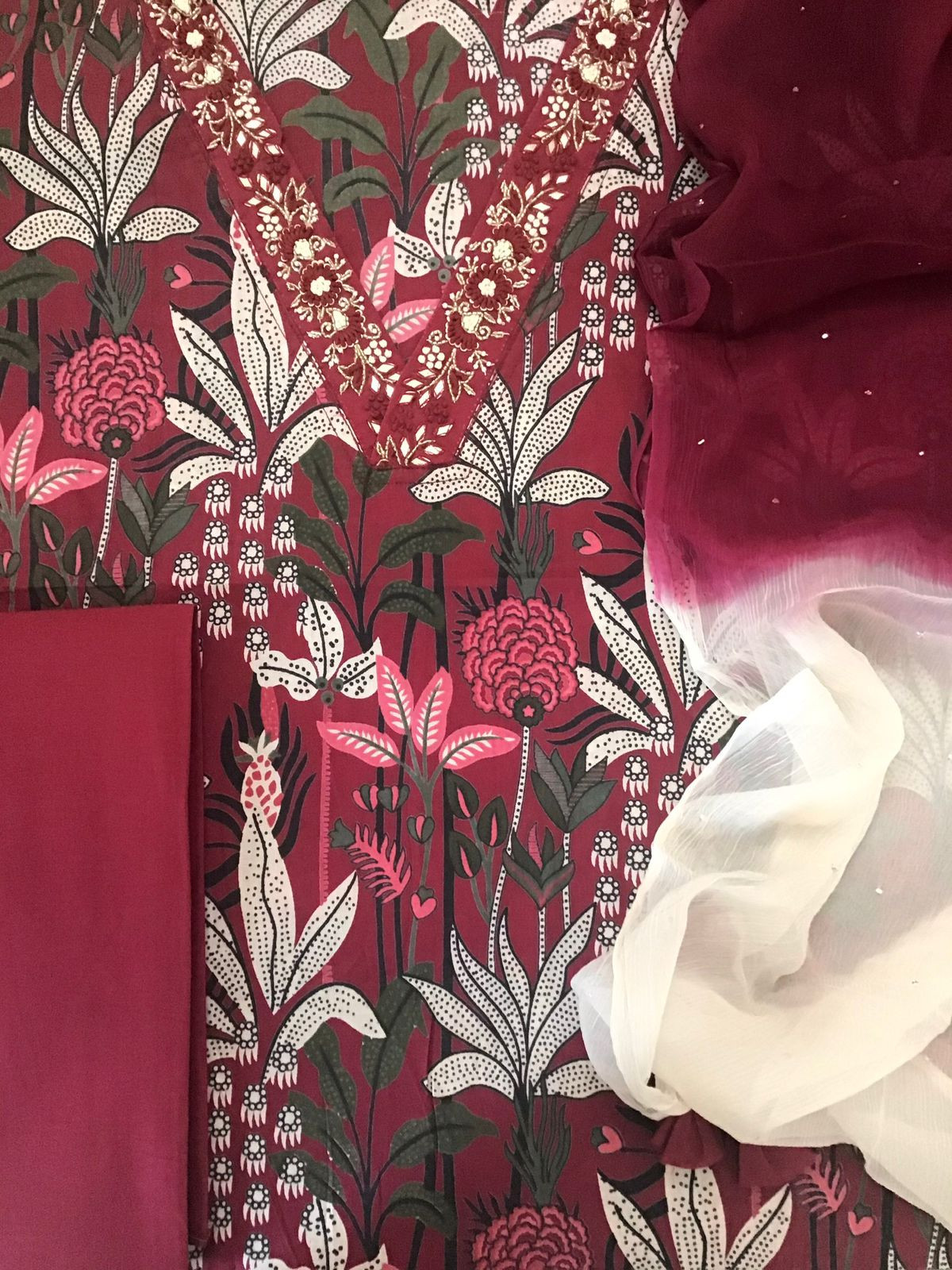 Pure Cotton Printed Embroidered Suit - Maroon