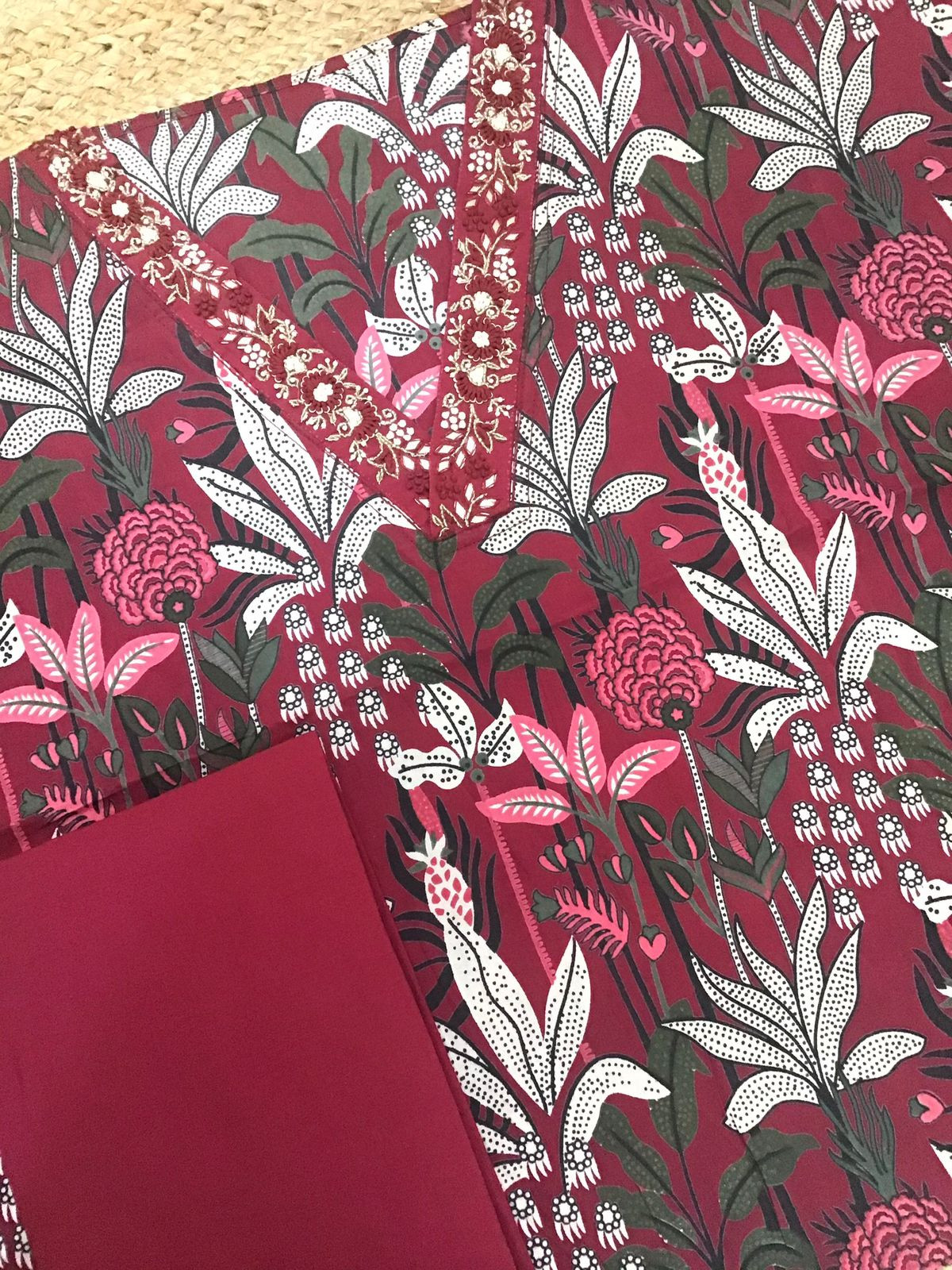Pure Cotton Printed Embroidered Suit - Maroon