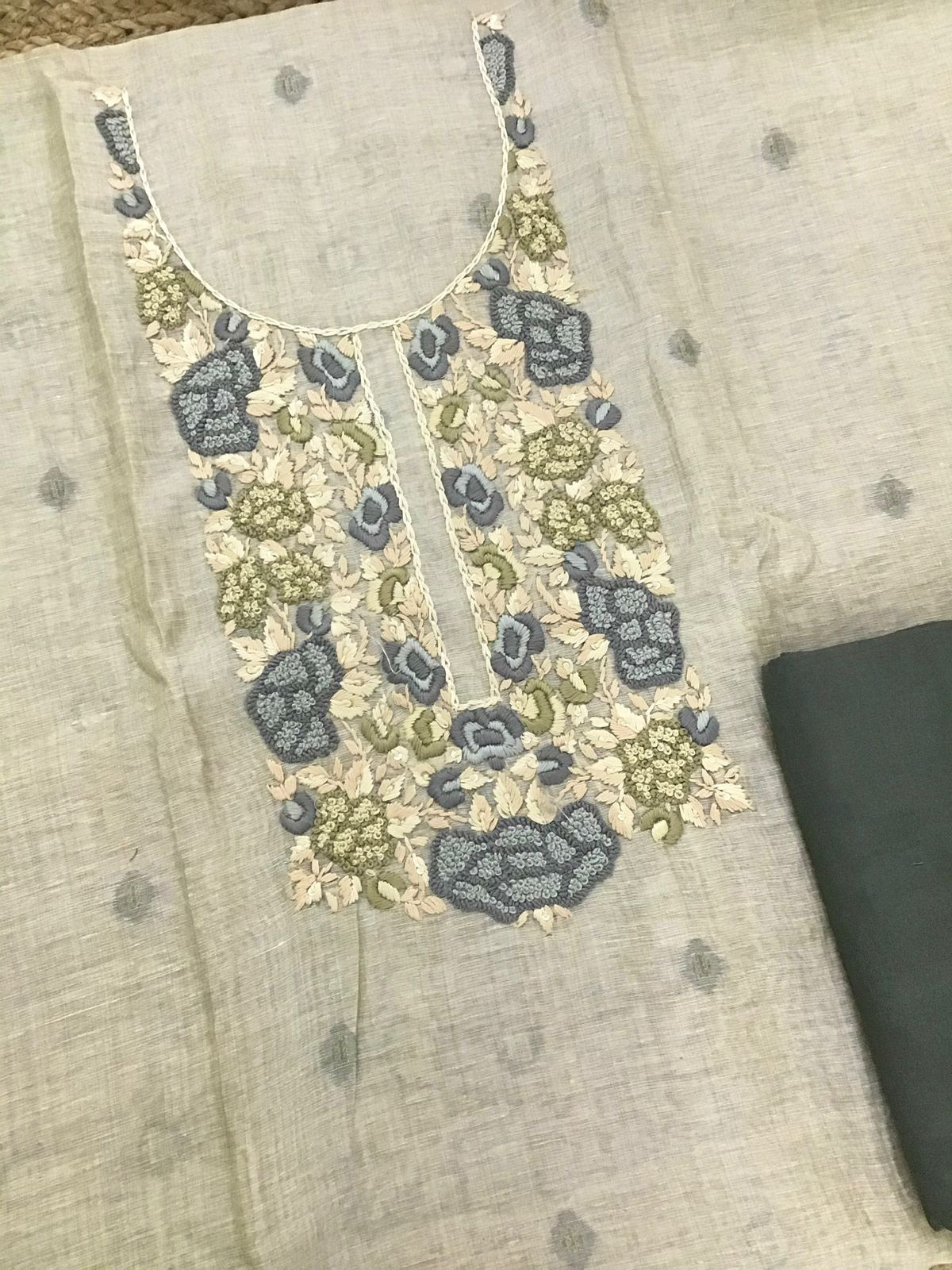 Soft Slub Chanderi Jamdani Weaved Embroidered Suit - Beige