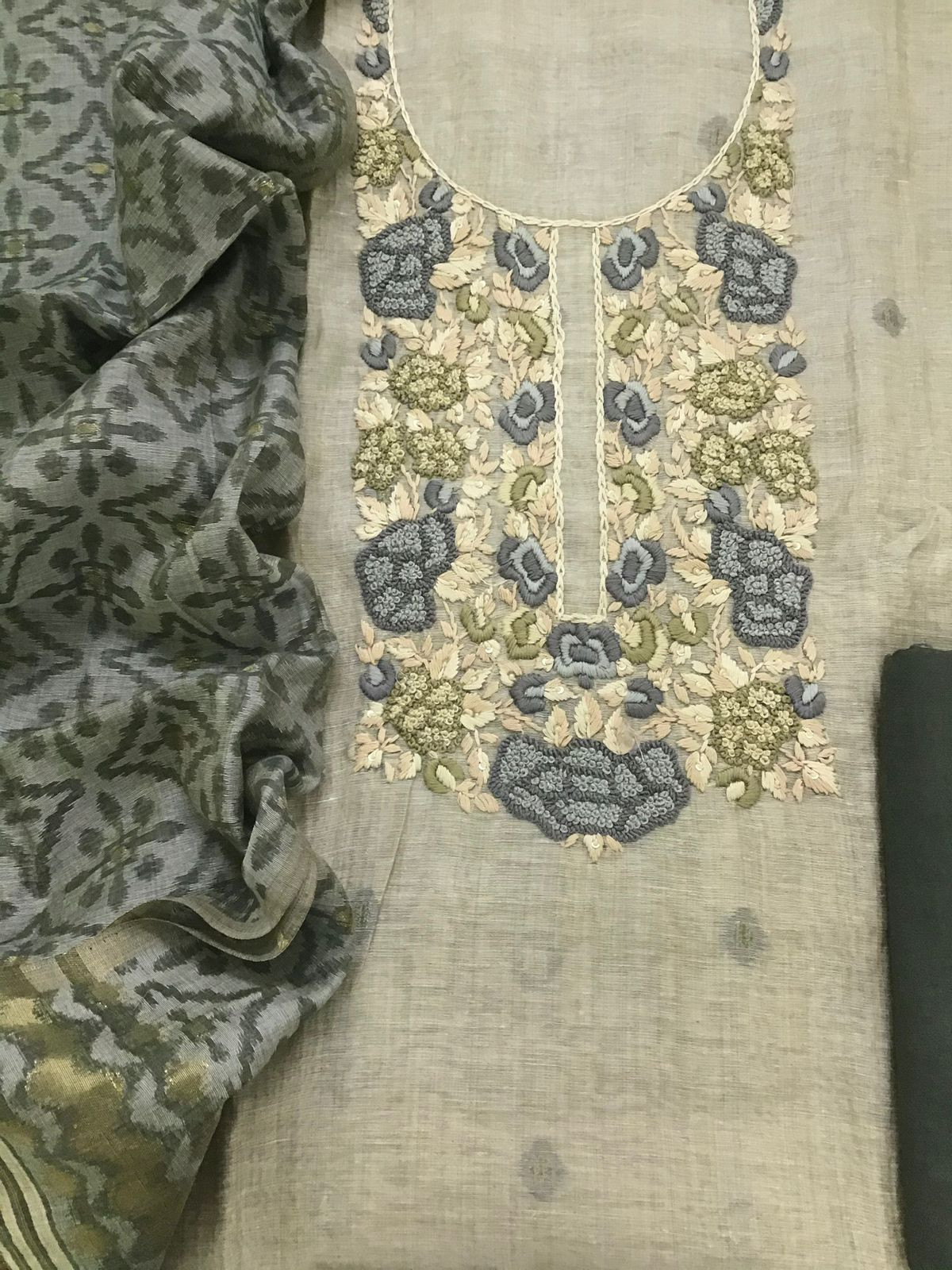 Soft Slub Chanderi Jamdani Weaved Embroidered Suit - Beige