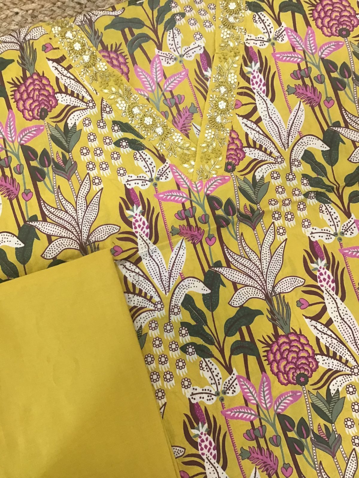 Pure Cotton Printed Embroidered Suit - Yellow