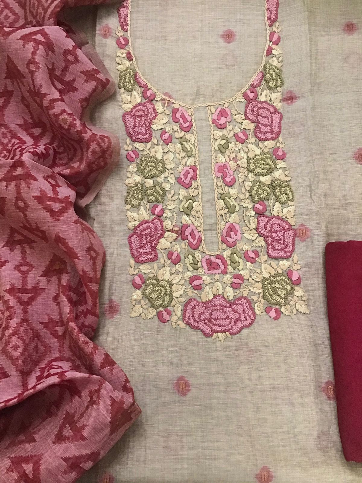 Soft Slub Chanderi Jamdani Weaved Embroidered Suit - Beige