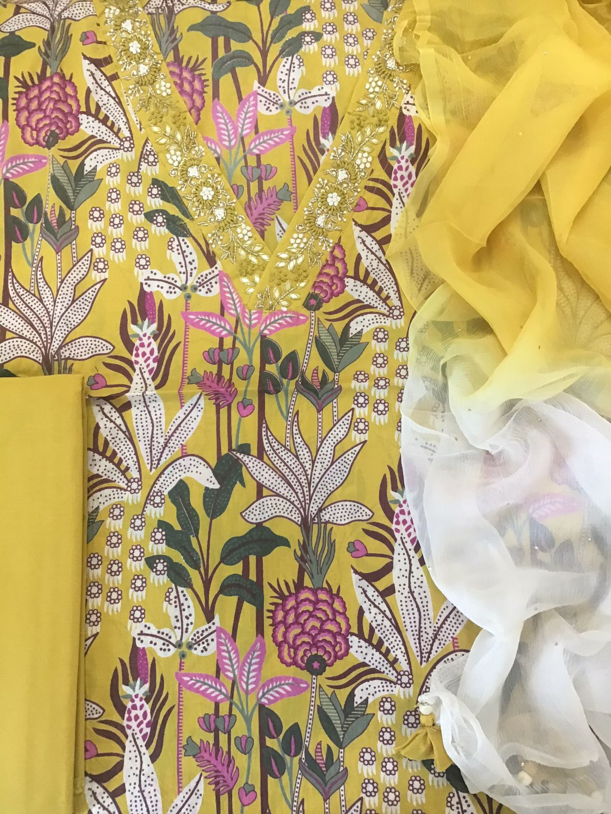 Pure Cotton Printed Embroidered Suit - Yellow