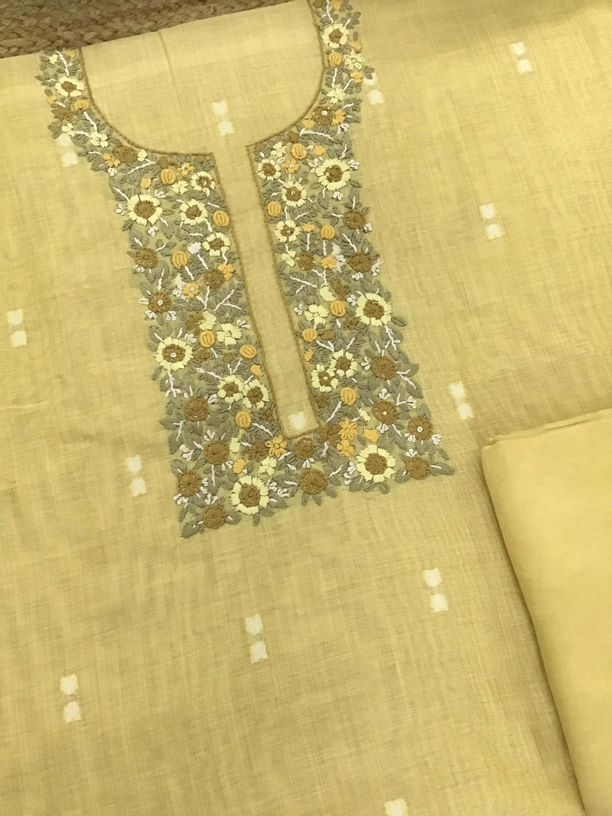 Soft Slub Chanderi Jamdani Weaved Embroidered Suit - Yellow