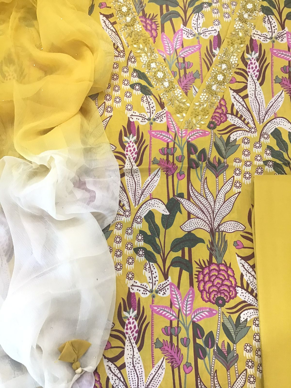 Pure Cotton Printed Embroidered Suit - Yellow