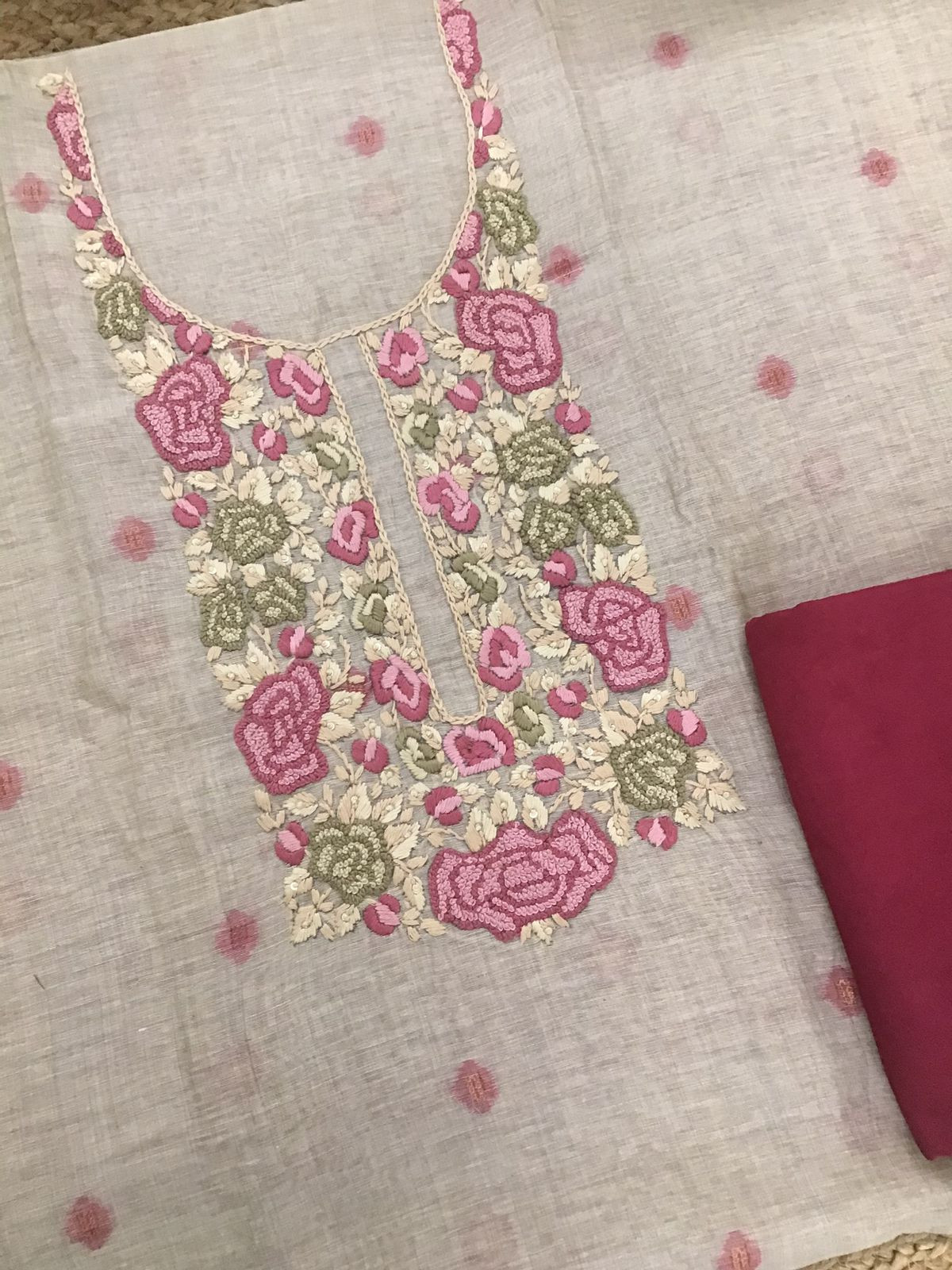 Soft Slub Chanderi Jamdani Weaved Embroidered Suit - Beige