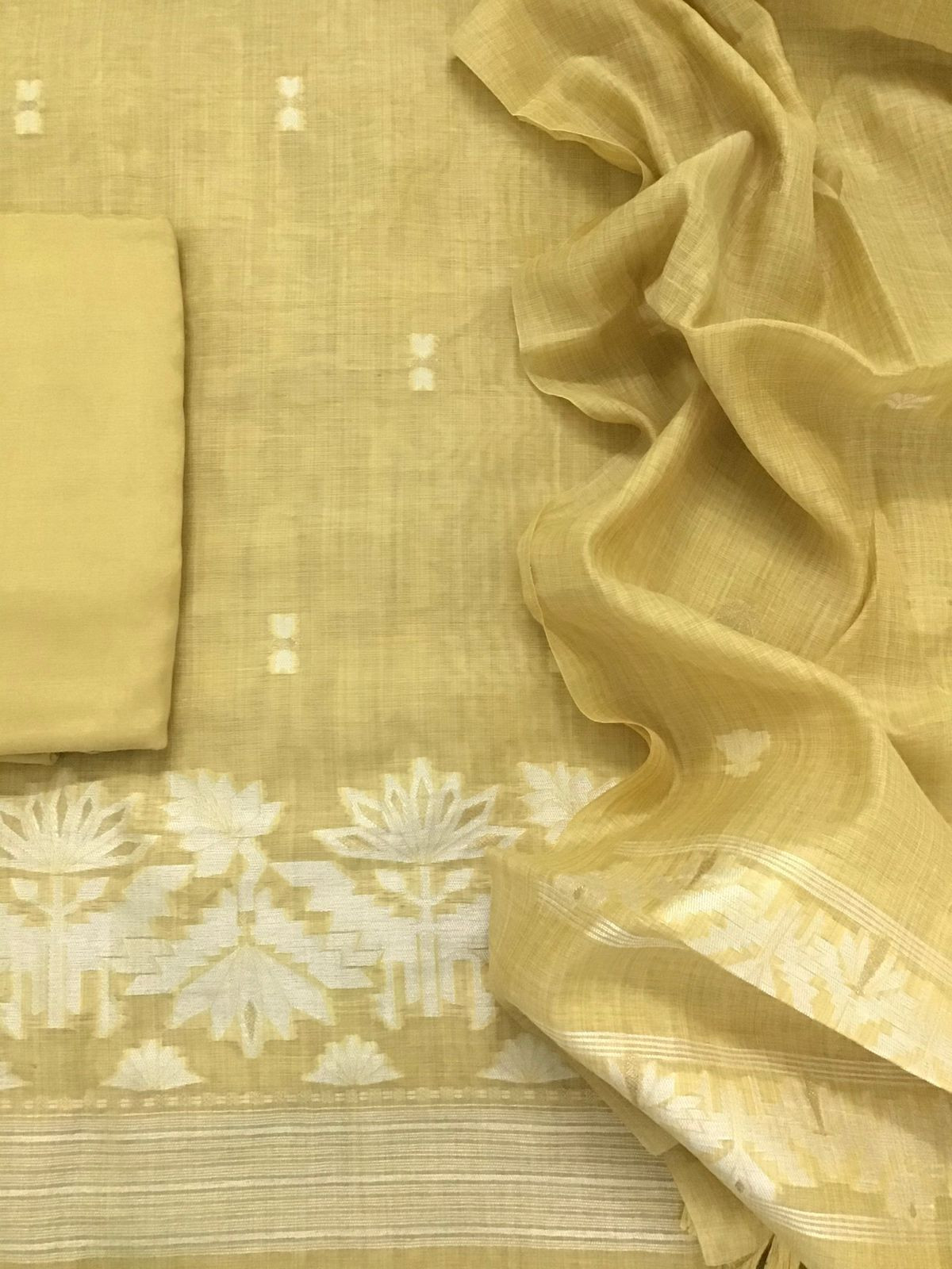 Soft Slub Chanderi Jamdani Weaved Embroidered Suit - Yellow
