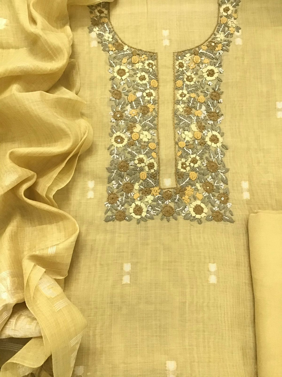Soft Slub Chanderi Jamdani Weaved Embroidered Suit - Yellow
