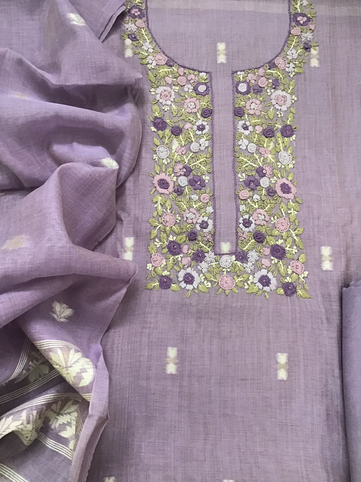 Soft Slub Chanderi Jamdani Weaved Embroidered Suit - Lavender