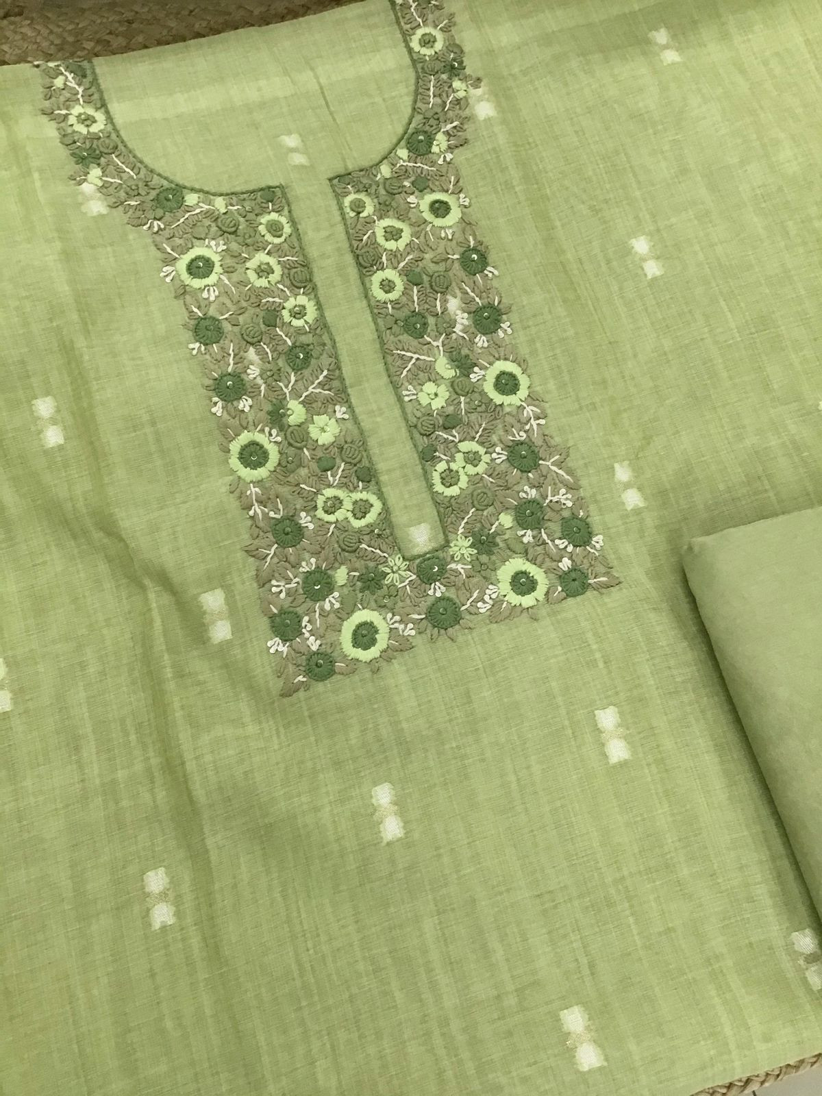 Soft Slub Chanderi Jamdani Weaved Embroidered Suit - Green