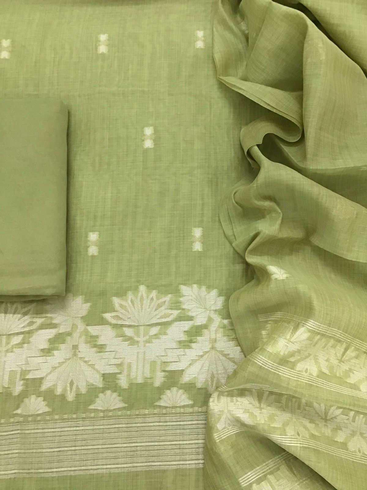Soft Slub Chanderi Jamdani Weaved Embroidered Suit - Green