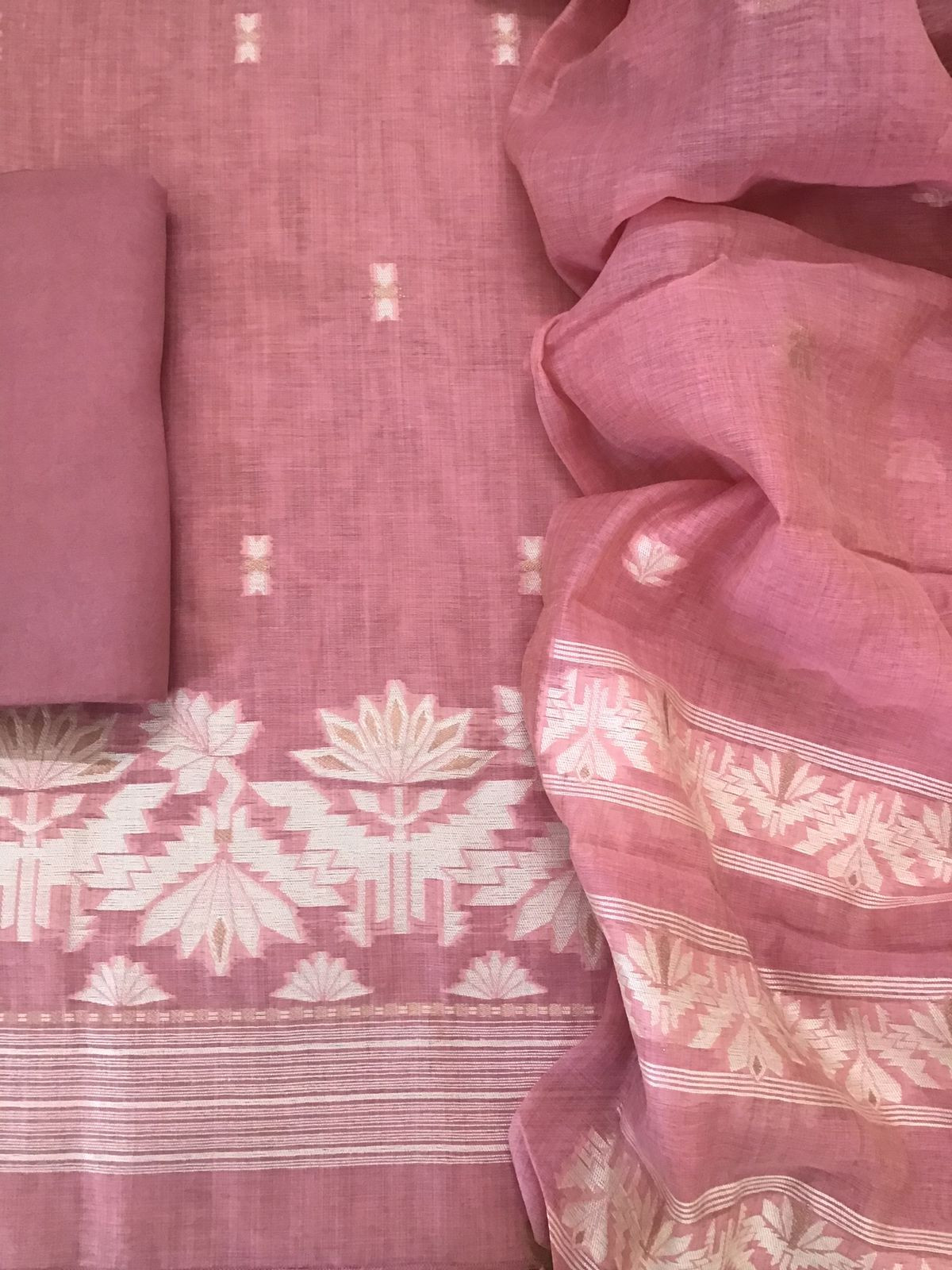 Soft Slub Chanderi Jamdani Weaved Embroidered Suit - Pink