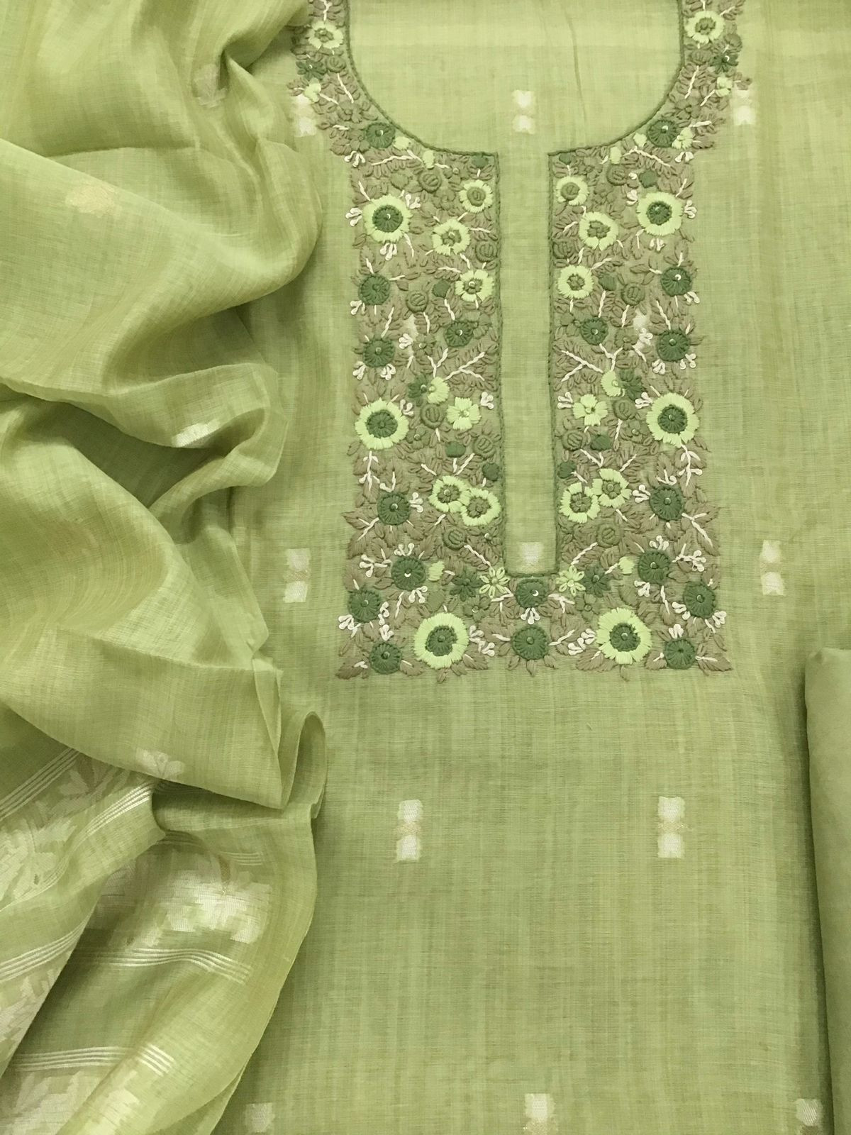 Soft Slub Chanderi Jamdani Weaved Embroidered Suit - Green