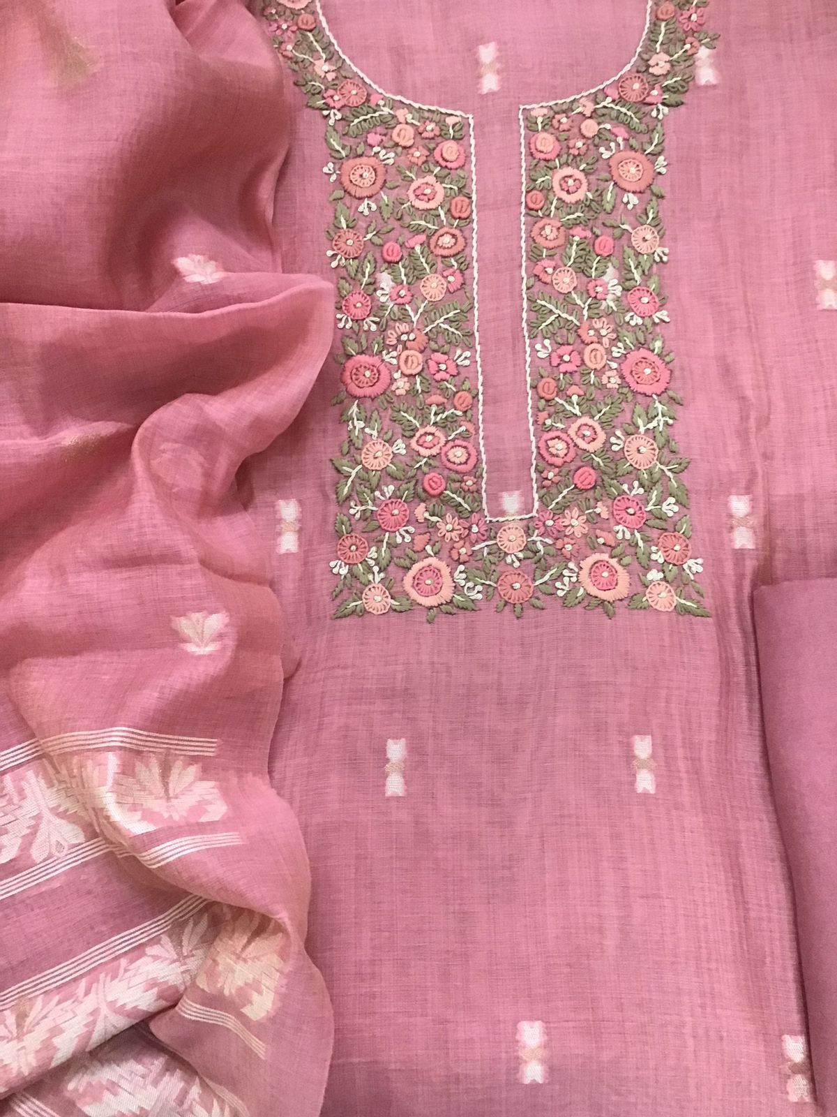 Soft Slub Chanderi Jamdani Weaved Embroidered Suit - Pink