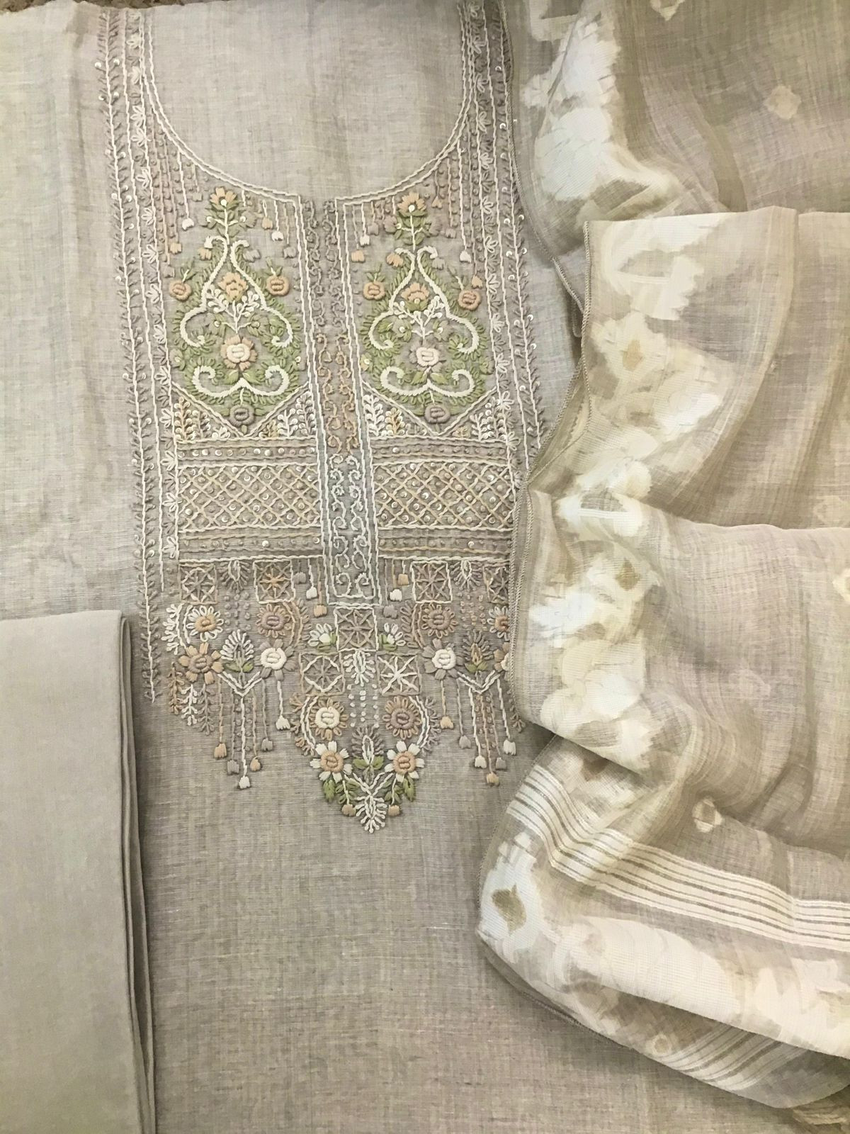 Soft Slub Chanderi Jamdani Weaved Embroidered Suit - Beige