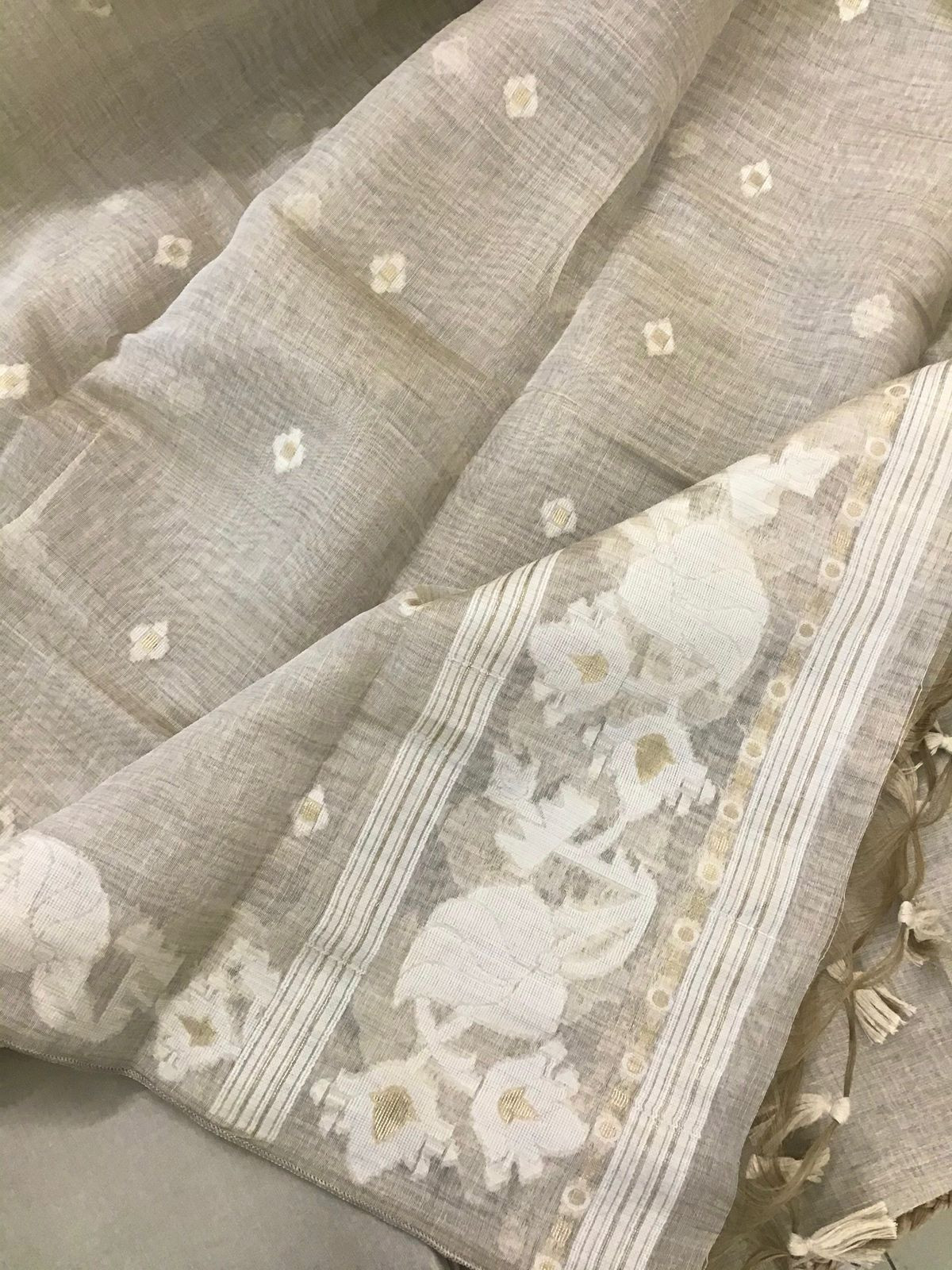 Soft Slub Chanderi Jamdani Weaved Embroidered Suit - Beige