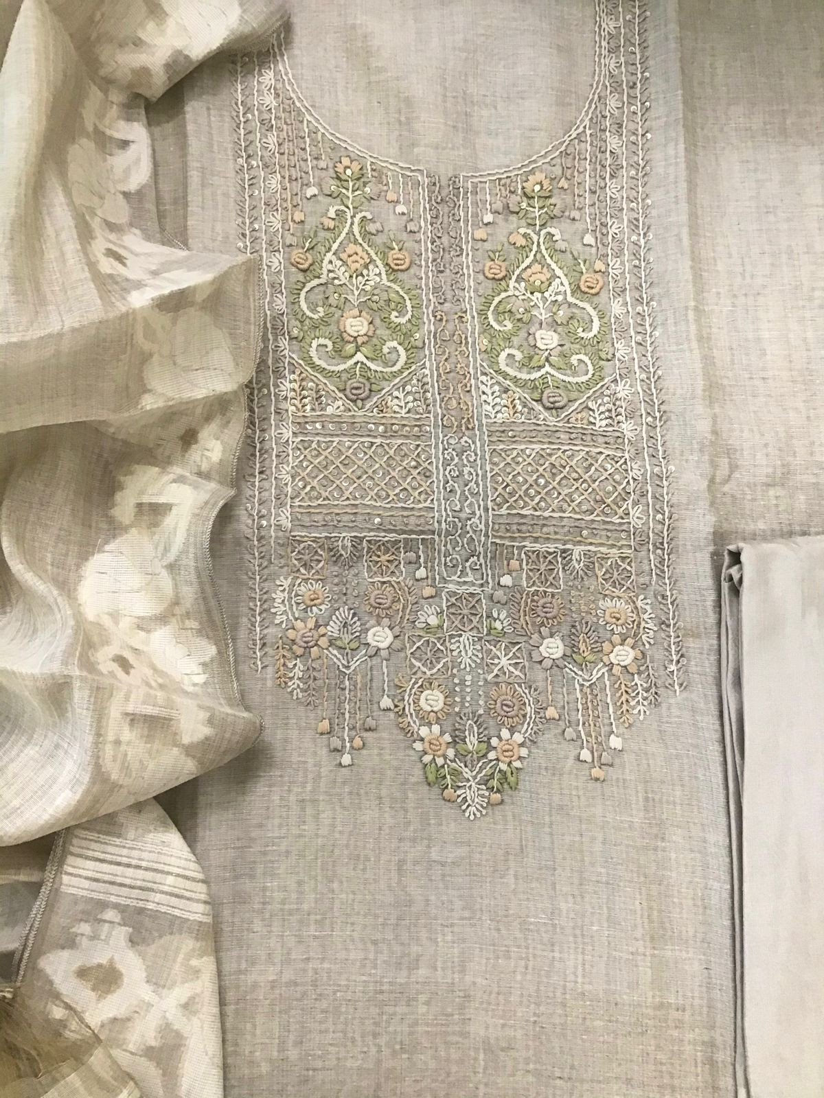 Soft Slub Chanderi Jamdani Weaved Embroidered Suit - Beige