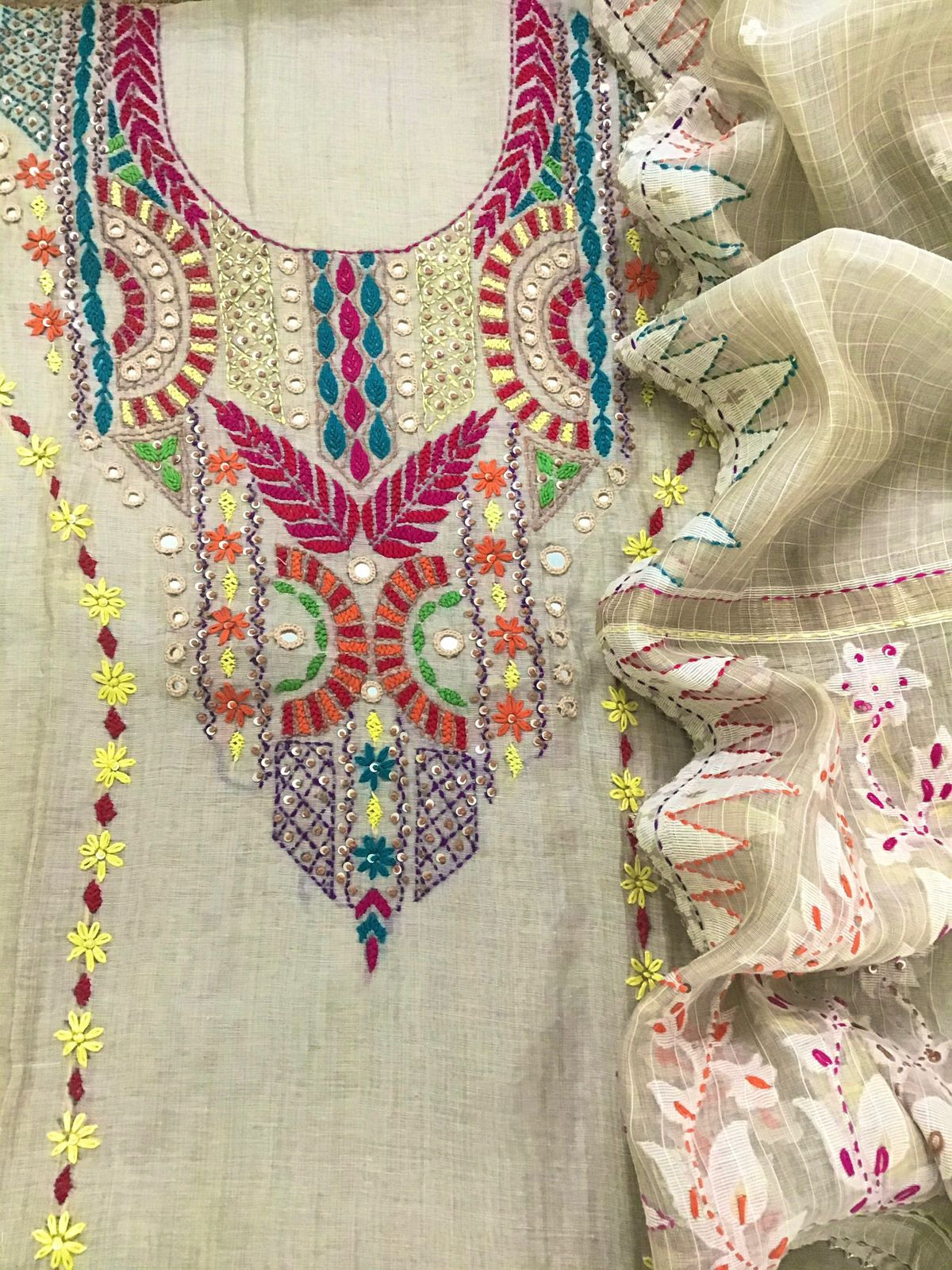 Soft Slub Chanderi Jamdani Weaved Embroidered Suit - Beige