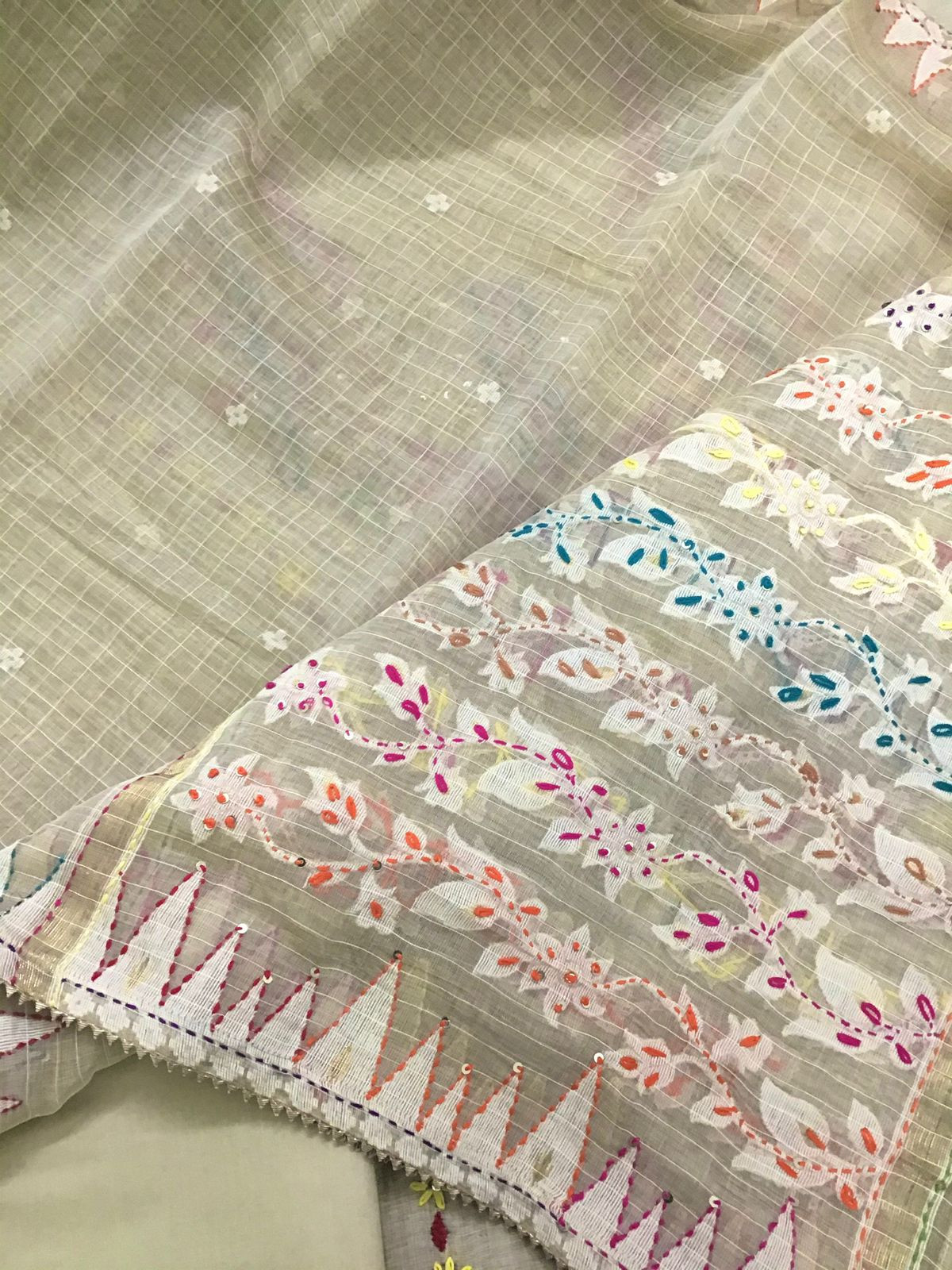 Soft Slub Chanderi Jamdani Weaved Embroidered Suit - Beige