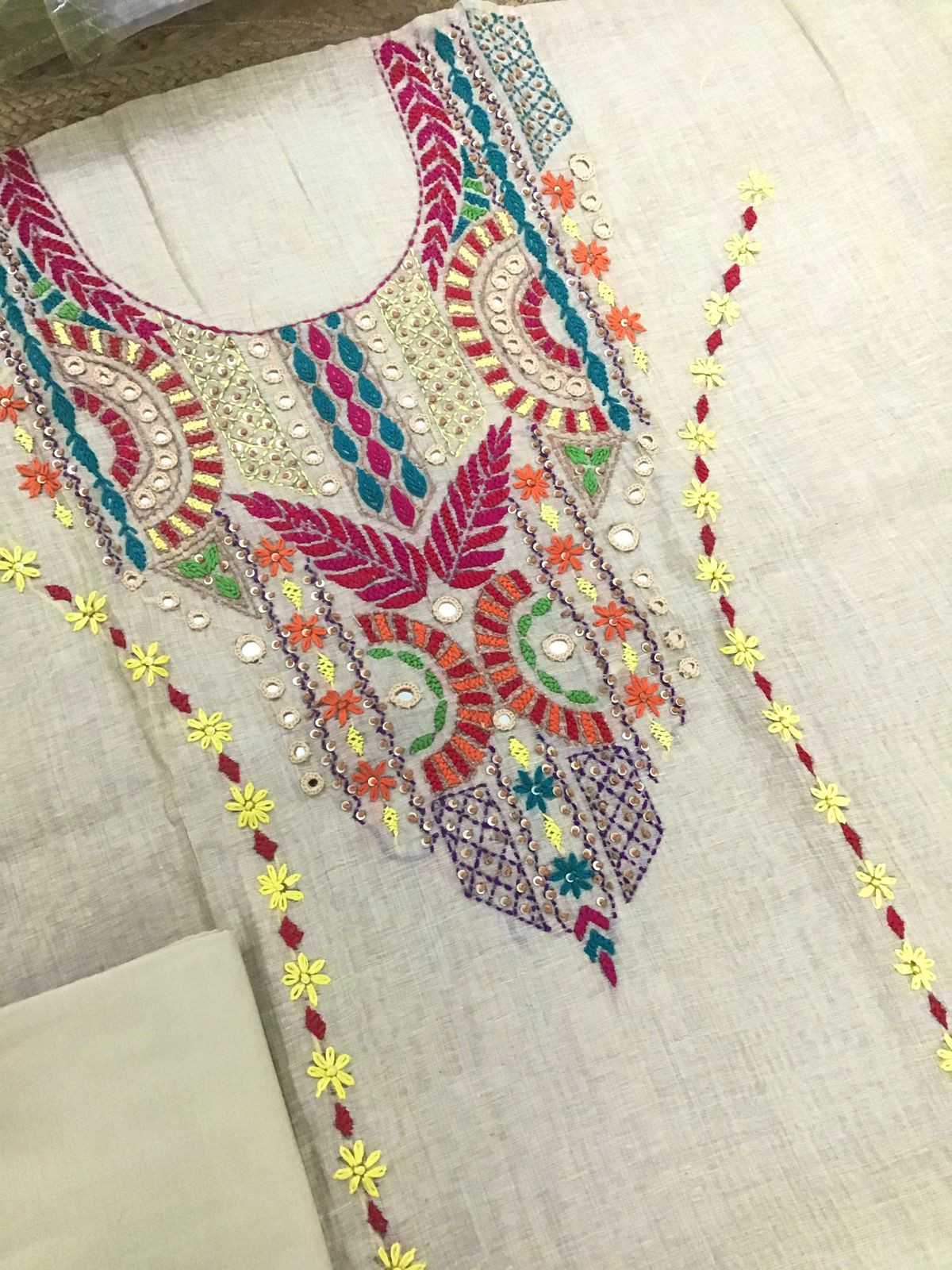 Soft Slub Chanderi Jamdani Weaved Embroidered Suit - Beige