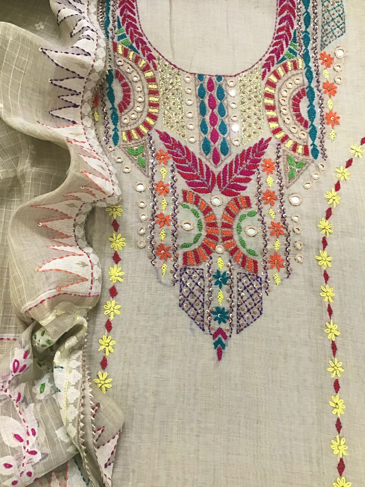 Soft Slub Chanderi Jamdani Weaved Embroidered Suit - Beige